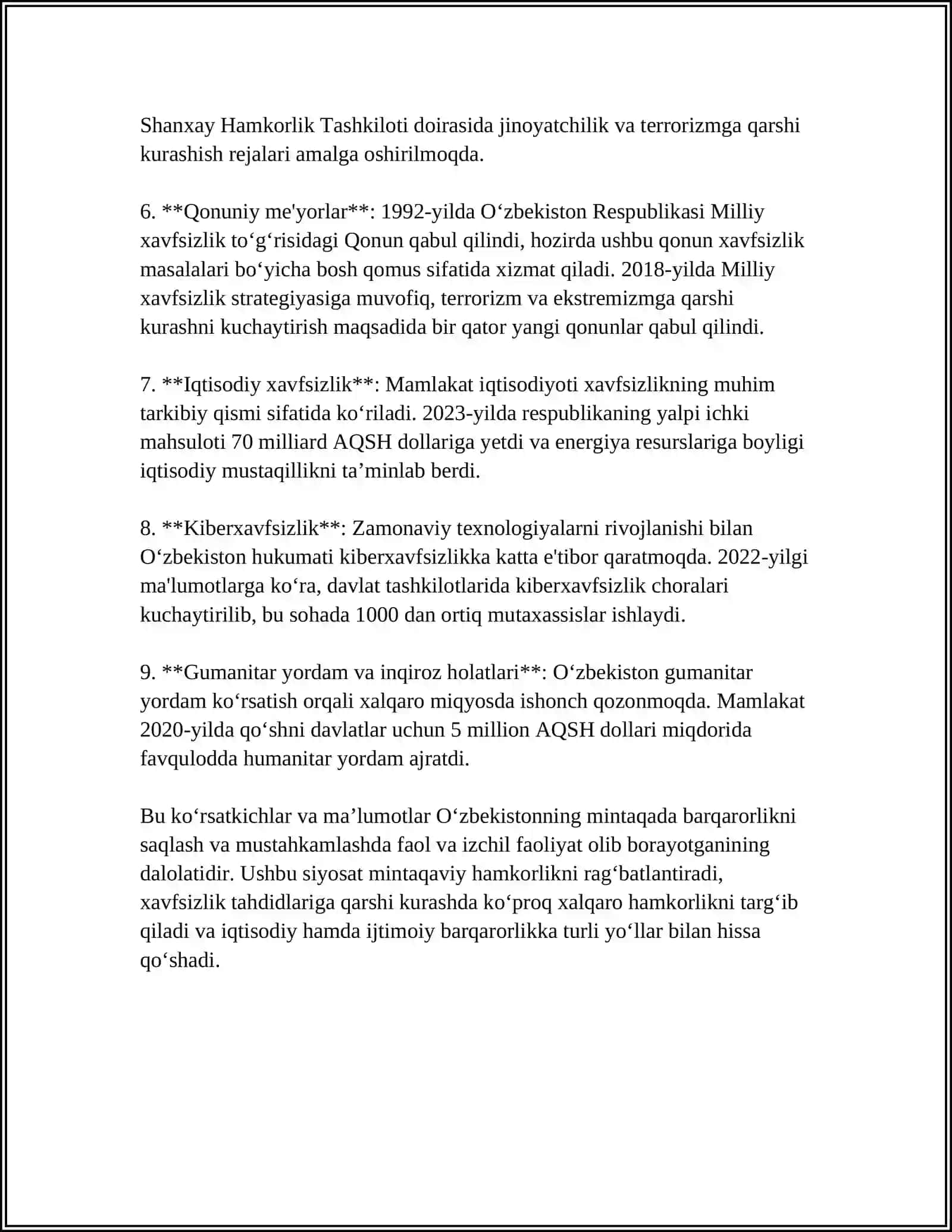 O'zbekistonning markaziy Osiyoda tinchlik va barqarorlikni ta'minpashdagi o'rni 4