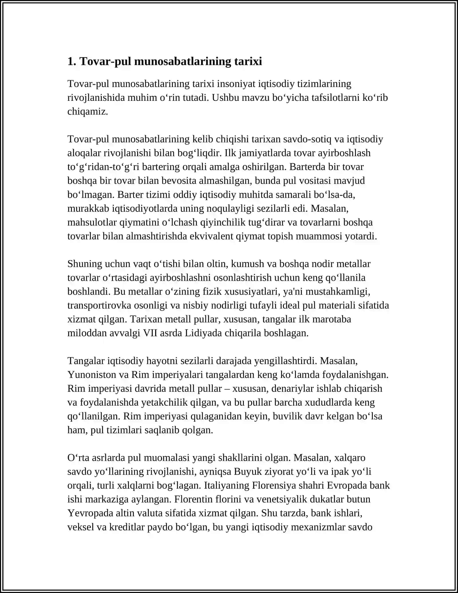 TOVAR-PUL MUNOSABATLARI RIVOJLANISHI, BOZOR IQTISODIYOTINING ASOSIDIR 4