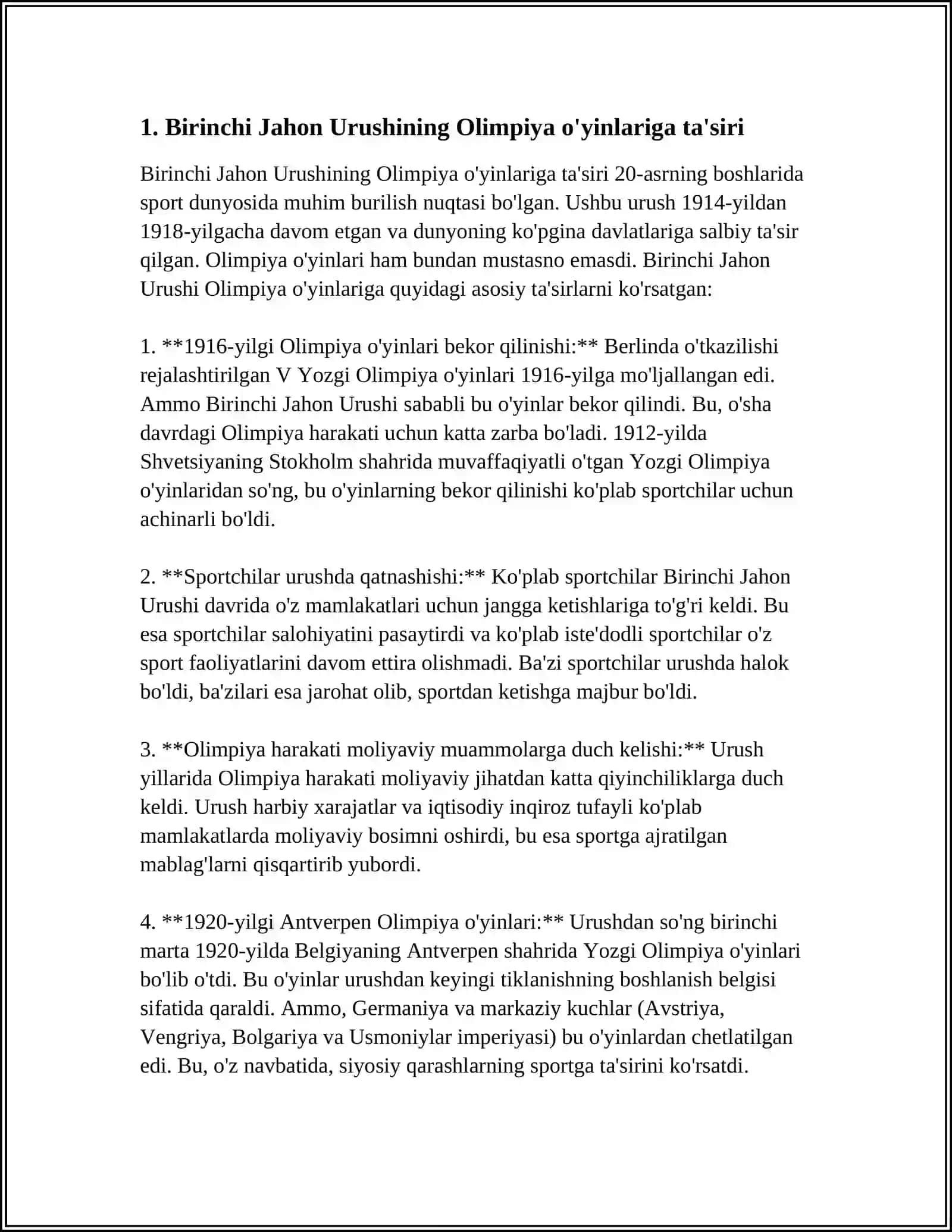 BIRINCHI JAHON URUSHIDAN KEYIN QAYSI DAVLATLAR VA NMA SABABDAN OLIMPIYA OʻYINLARIGA KIRITILMAGAN 4