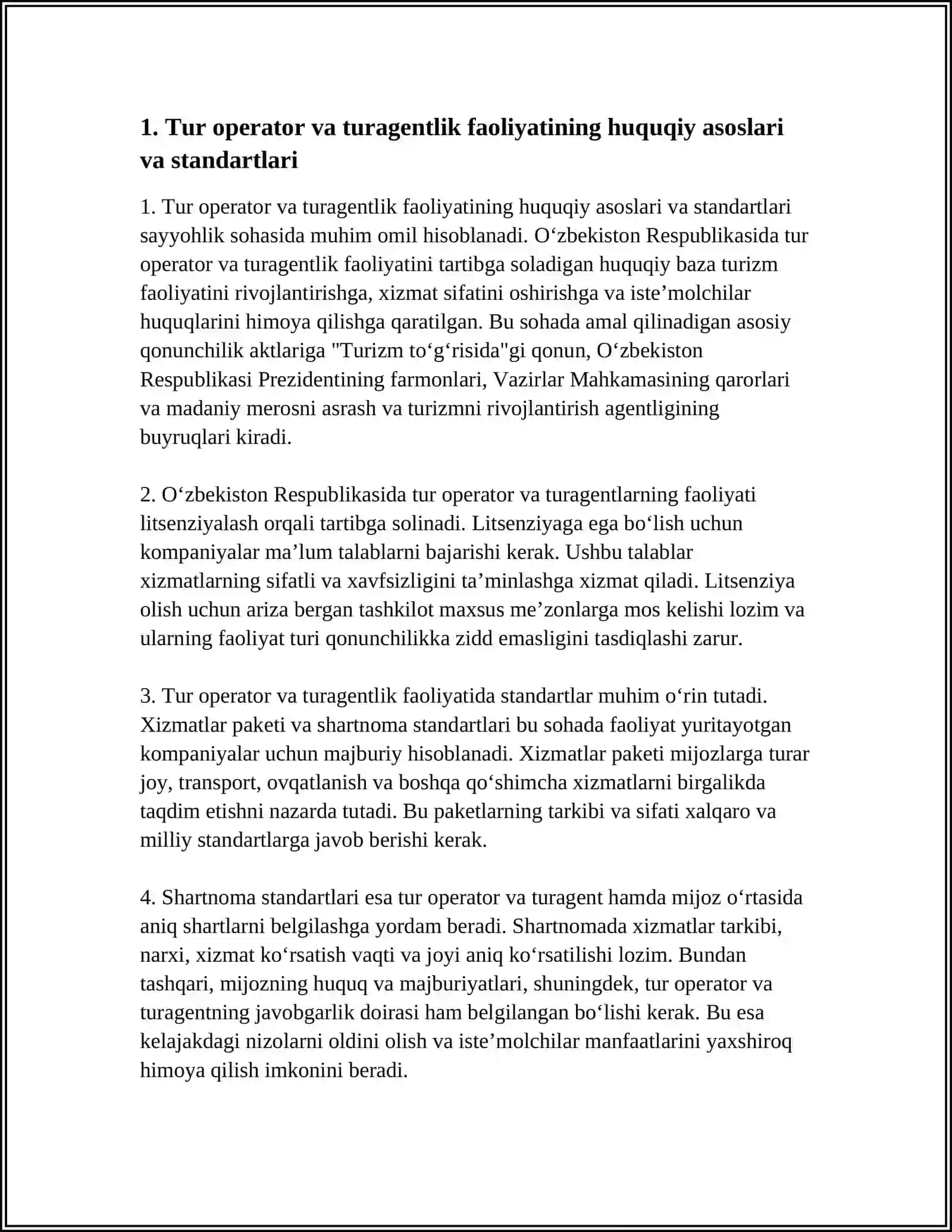 TUR OPERATOR VA TURAGENTLIK FAOLIYATIDA STANDARTLAR:XIZMAT PAKETI VA SHARTNOMA STANDARTLARI 4