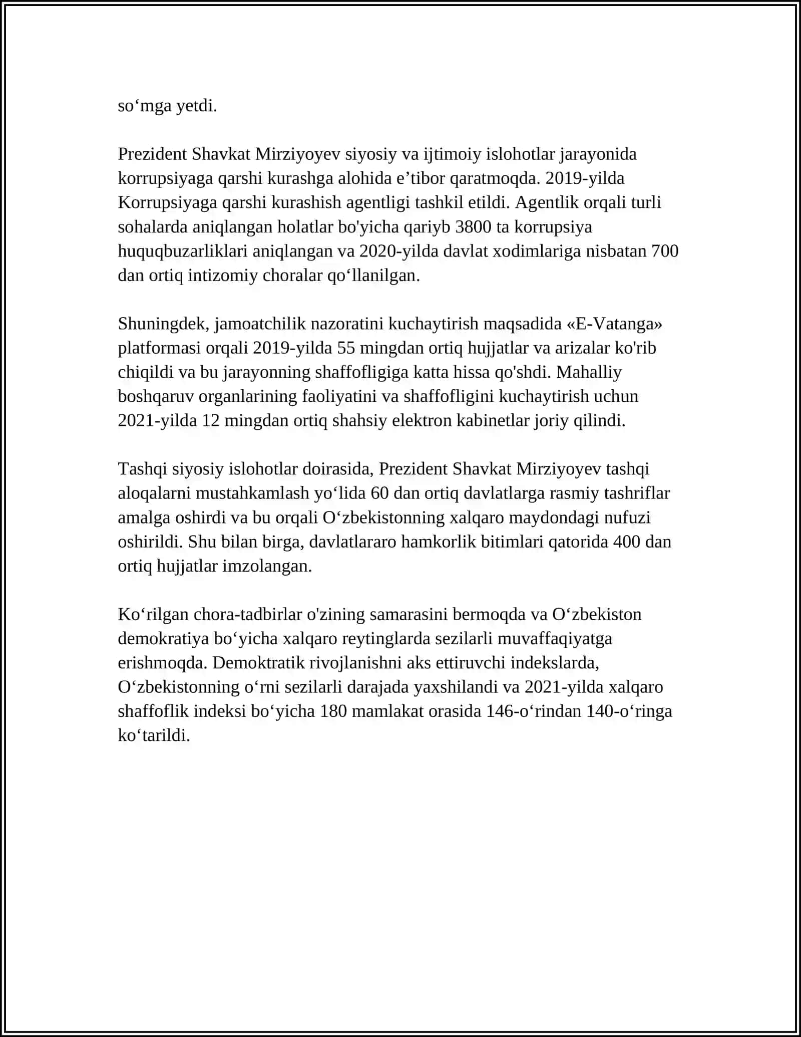 YANGI OʻZBEKISTONDA PREZIDENT SH.M MIRZIYOYEV RAHBARLIGI VA TASHABUSI OSTIDA AMALGA OSHIRILGAN ISLOHATLAR 4