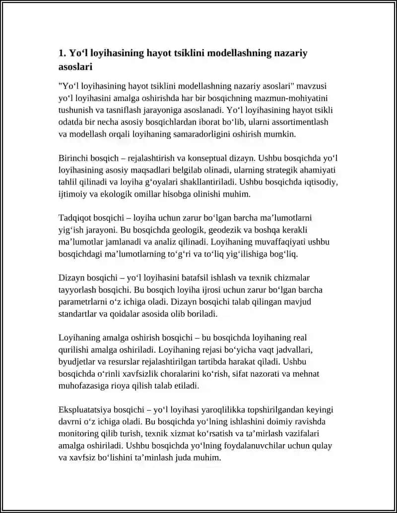 Yo‘l loyihasining hayot tsiklini modellashning nazariy asoslari 4