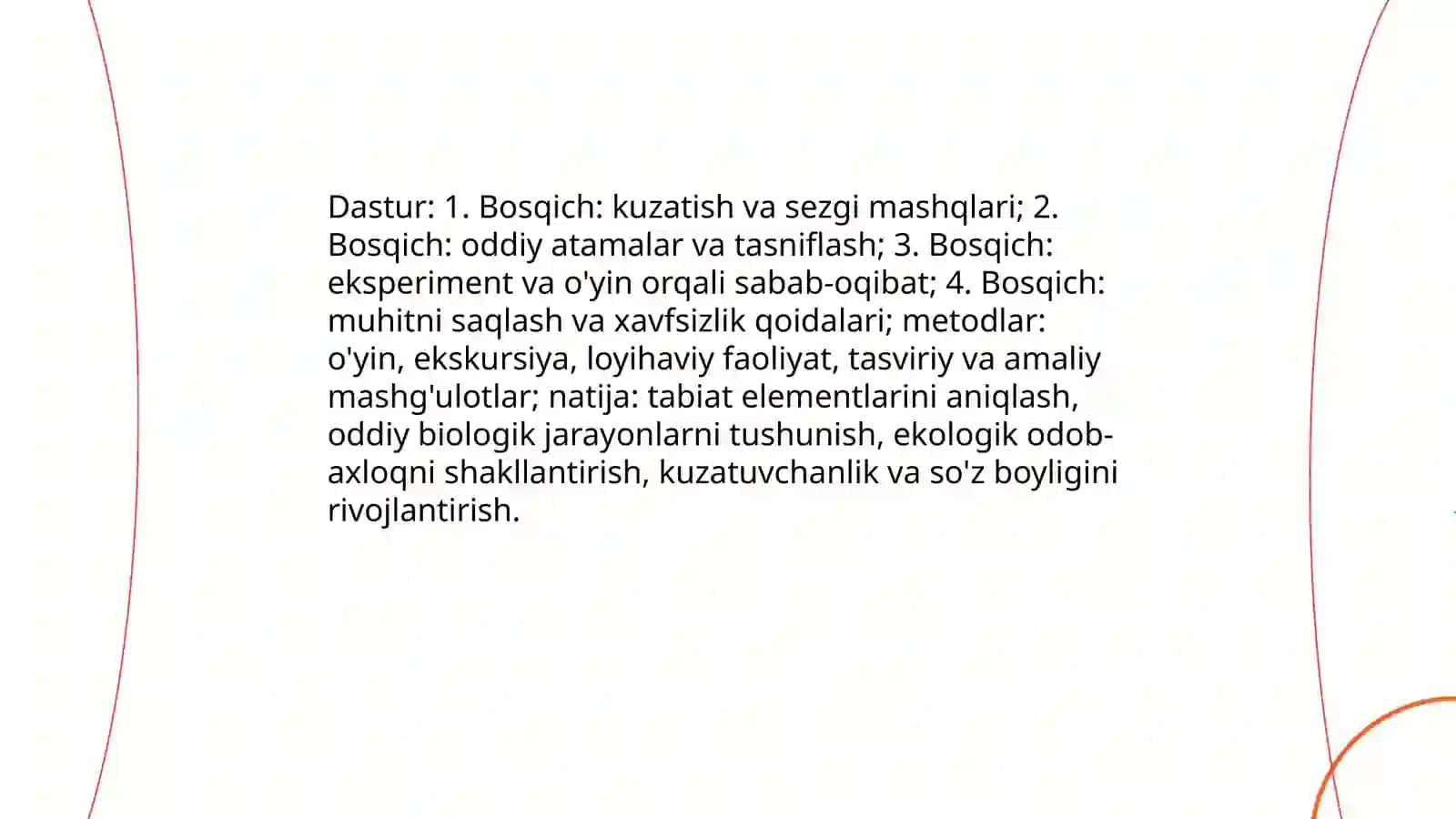 Ilk qadam davlat dasturida tabiat bilan tanishtirish mazmuni 4