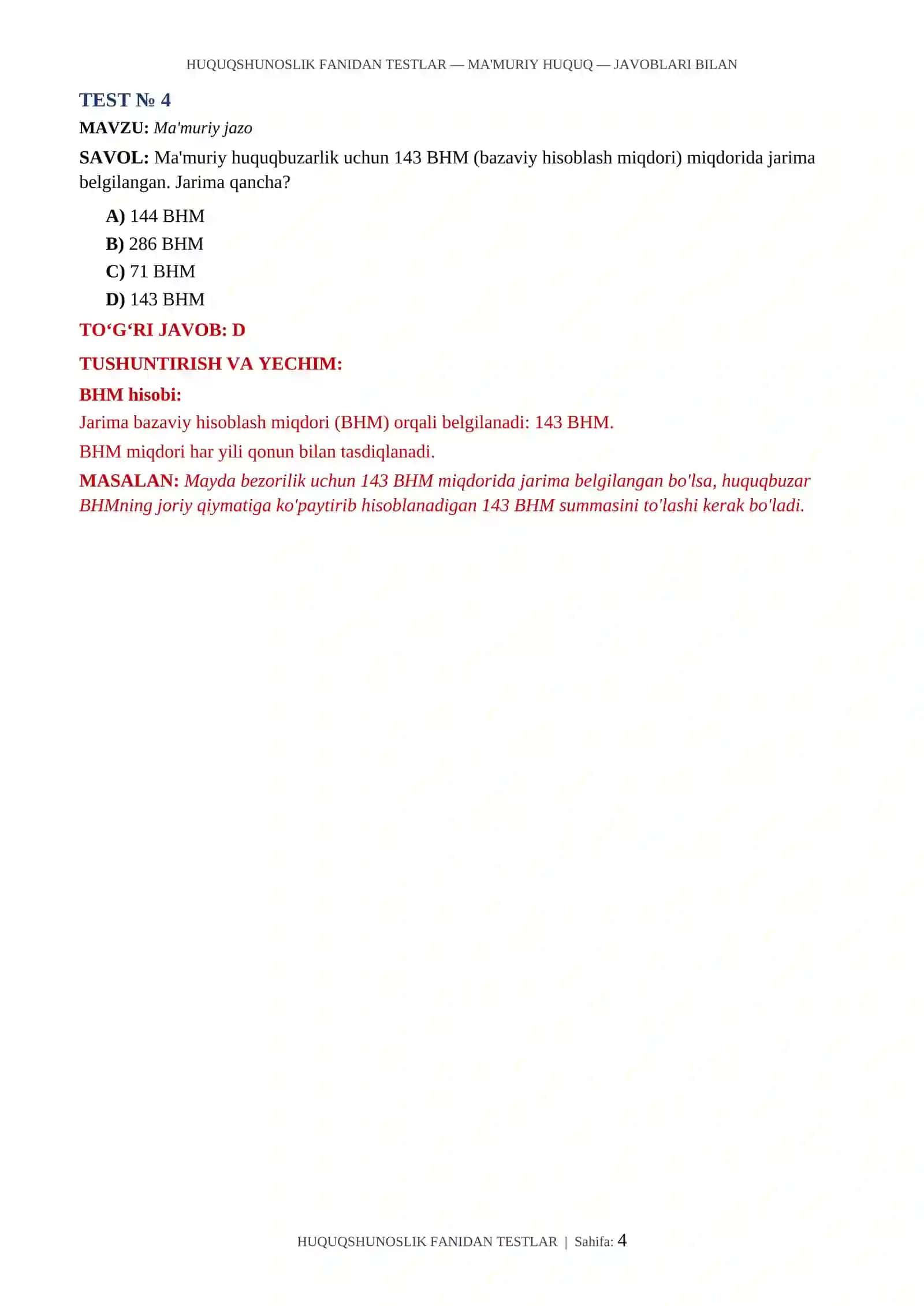 HUQUQSHUNOSLIK FANIDAN TESTLAR — MA'MURIY HUQUQ — JAVOBLARI BILAN 4
