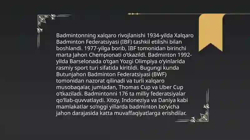 Badmintonning rivojlanish tarixi, o’yin texnikasi, taktikasi va qoidalari 4