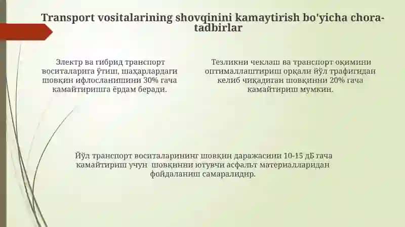 Transportlardan chiqadigon shovqinni kamaytirish chora tadbirlari 4