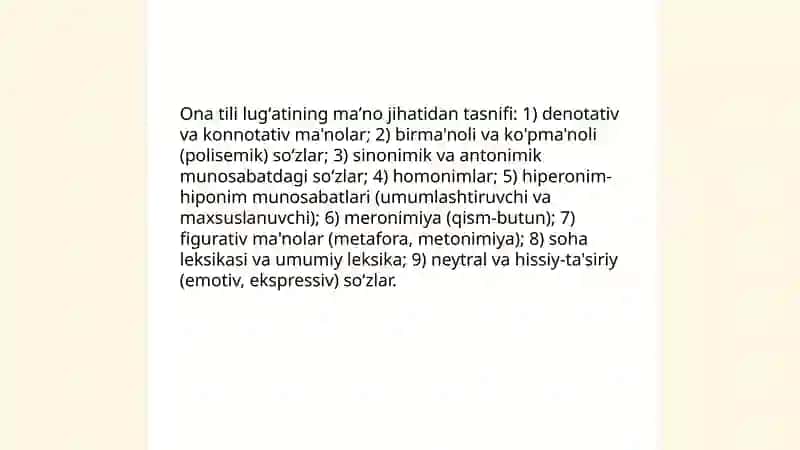 Orfografiya va orfoepiya, ona tili lugʻat tarkibining ma'no jihatidan tavsiflanishi 4