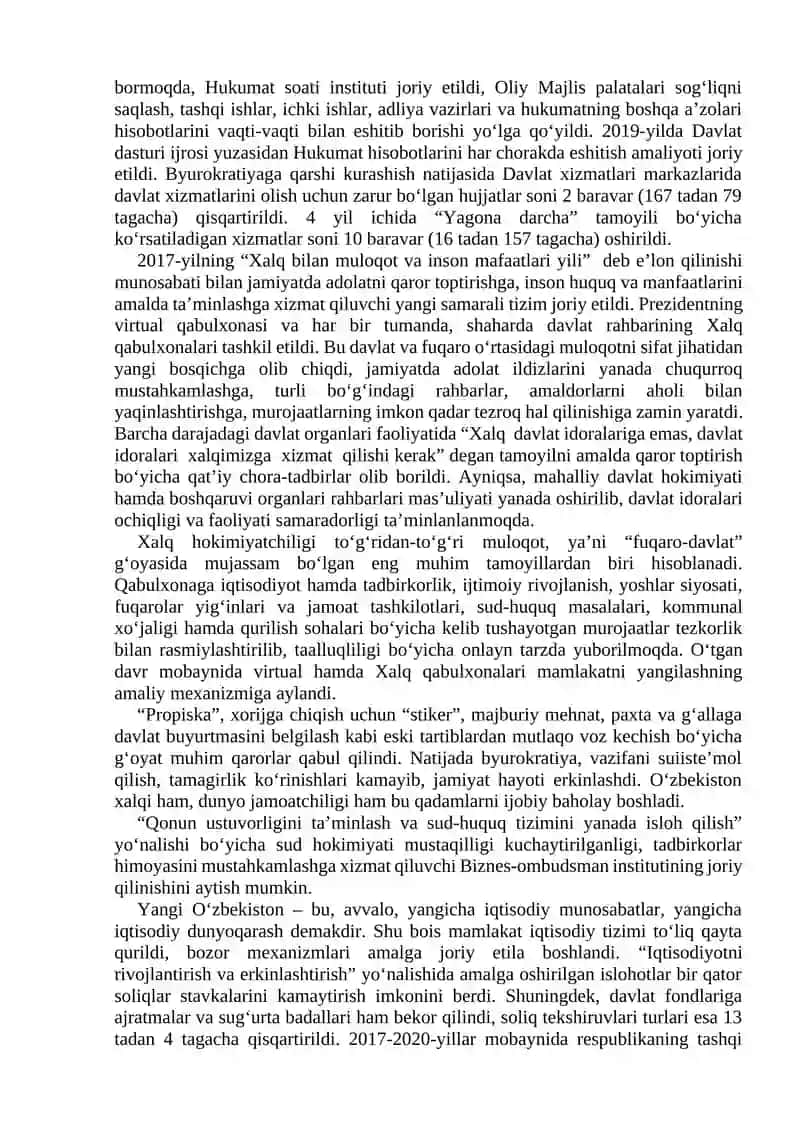 Yangi O‘zbekistonda Prezident Sh.M.Mirziyoyev rahbarligi va tashabbusi ostida amalga oshirilayotgan islohotlar 4