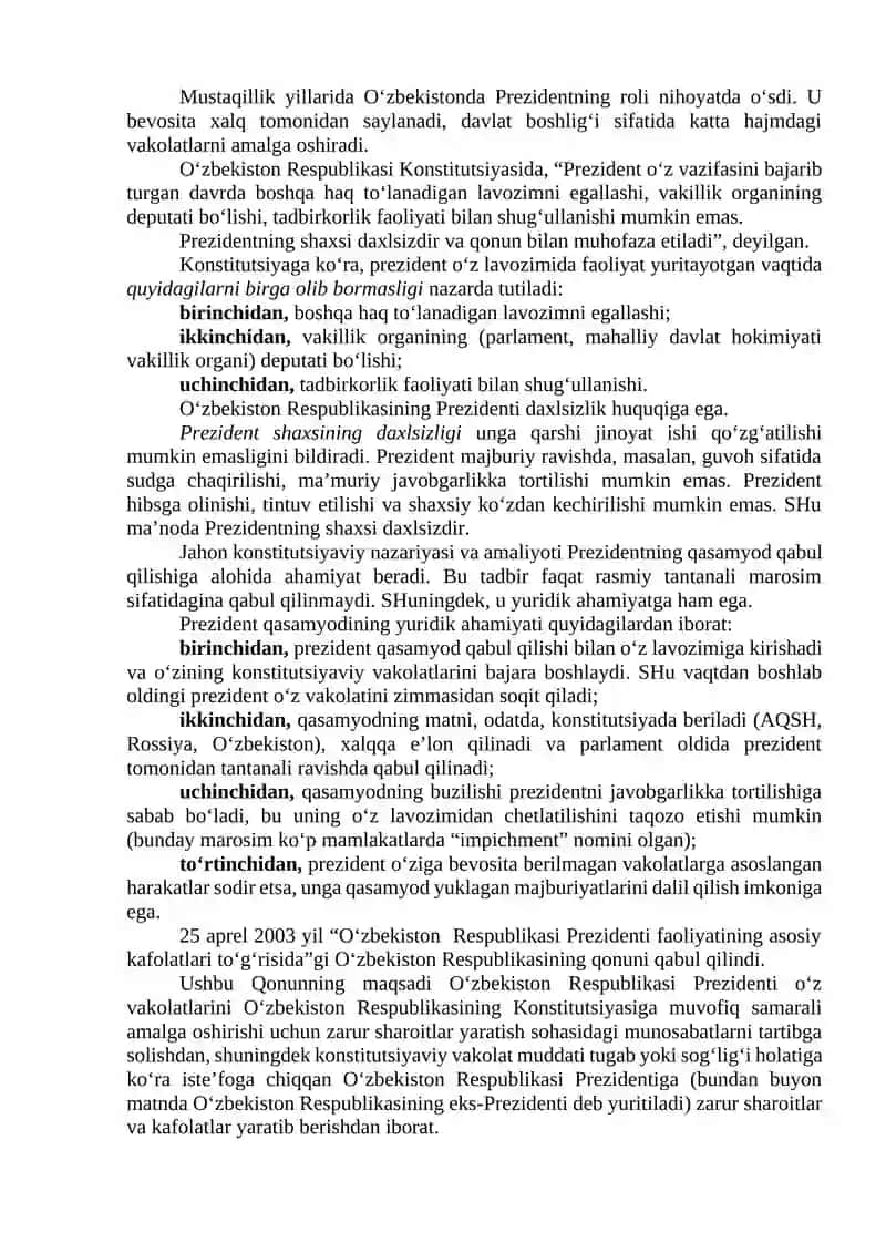 O‘zbekiston Respublikasi Konstitutsiyasida O‘zbekiston Respublikasi Prezidenti va Vazirlari Mahkamasi 4