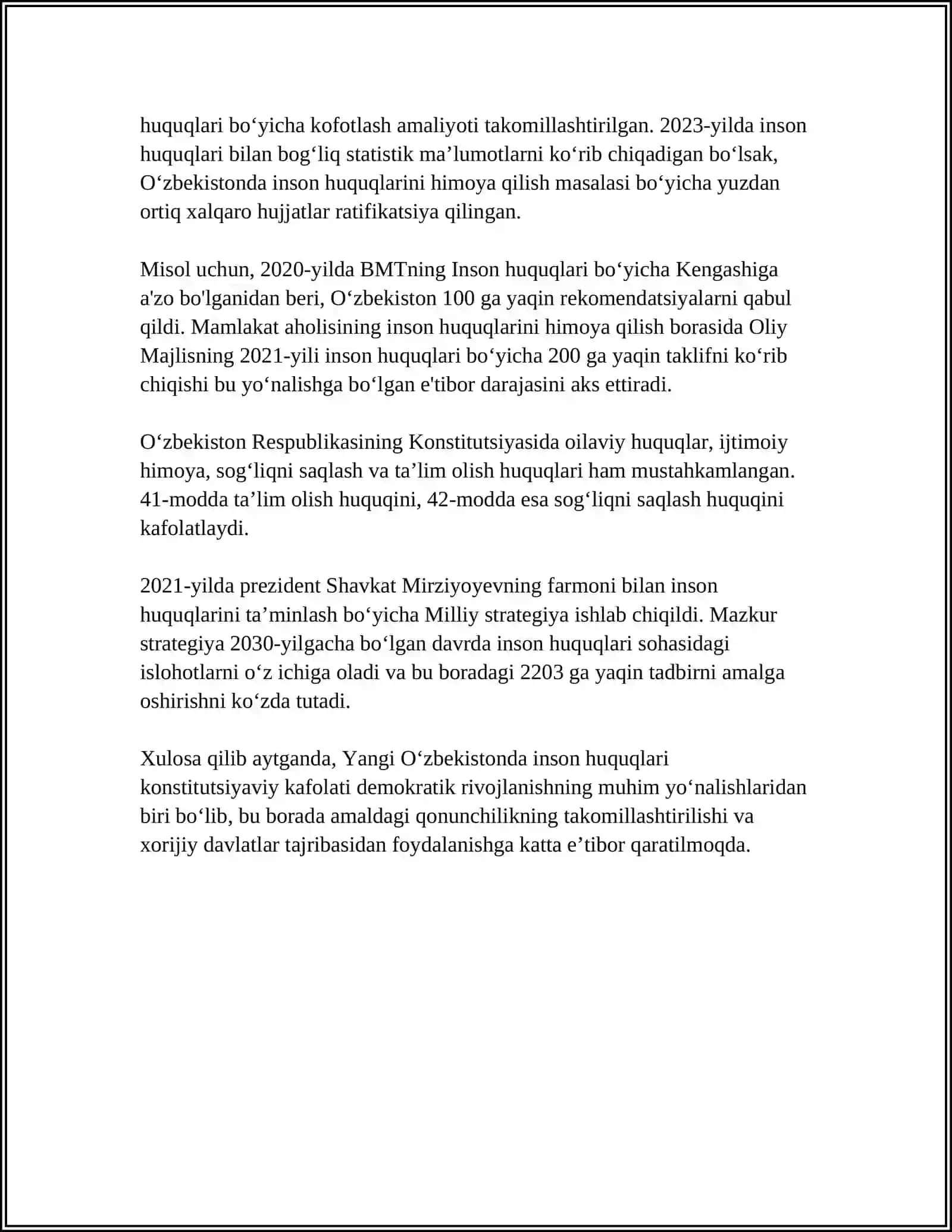 Yangi O‘zbekistonda inson haq huquqlari va erkinliklari kafolatlarining yaratilishi 4