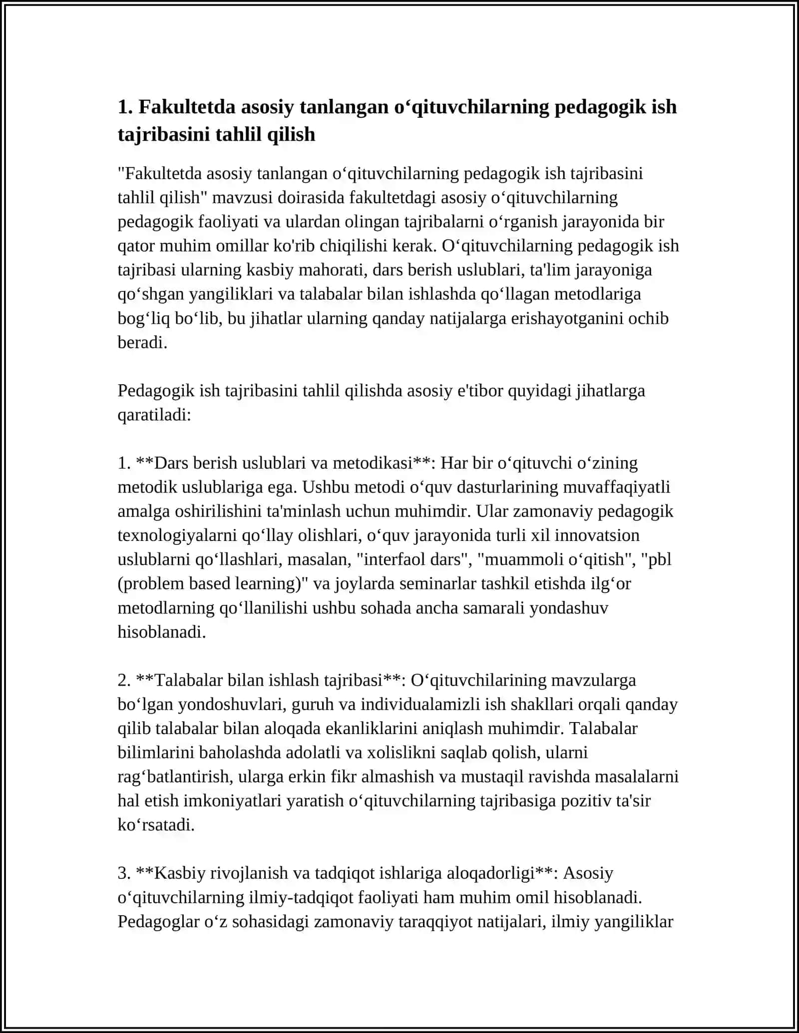 FAKULTETDA ASOSIY TANLANGAN O'OQITUVCHILARNING ISH TAJRIBASINI O'RGANISH VA UMUMLASHTIRISH 4