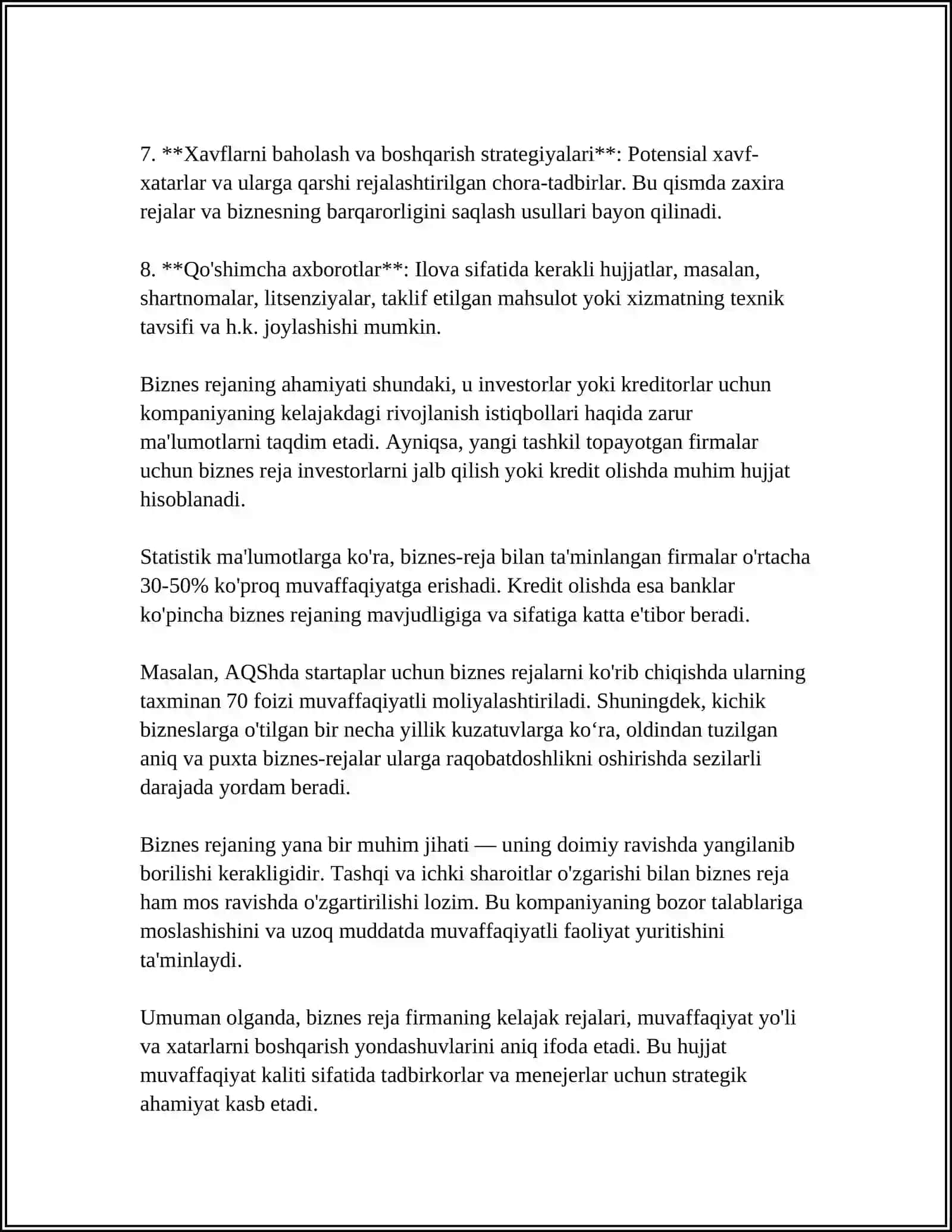 BIZNES REJA - KICHIK BIZNES VA TADBIRKORLIK FAOLIYATINING ASOSI SIFATIDA 4