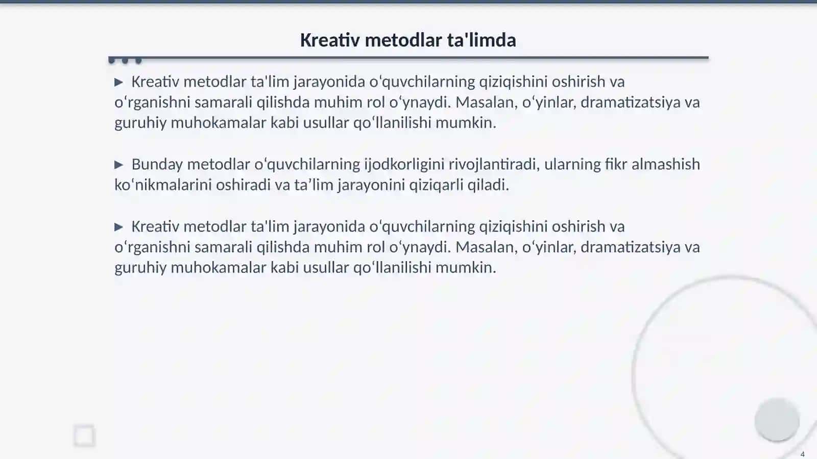 Boshlang‘ich sinflarda "Gapning maqsadga ko‘ra turlari " mavzularini o‘rganishda kreativ metod va usullar 4