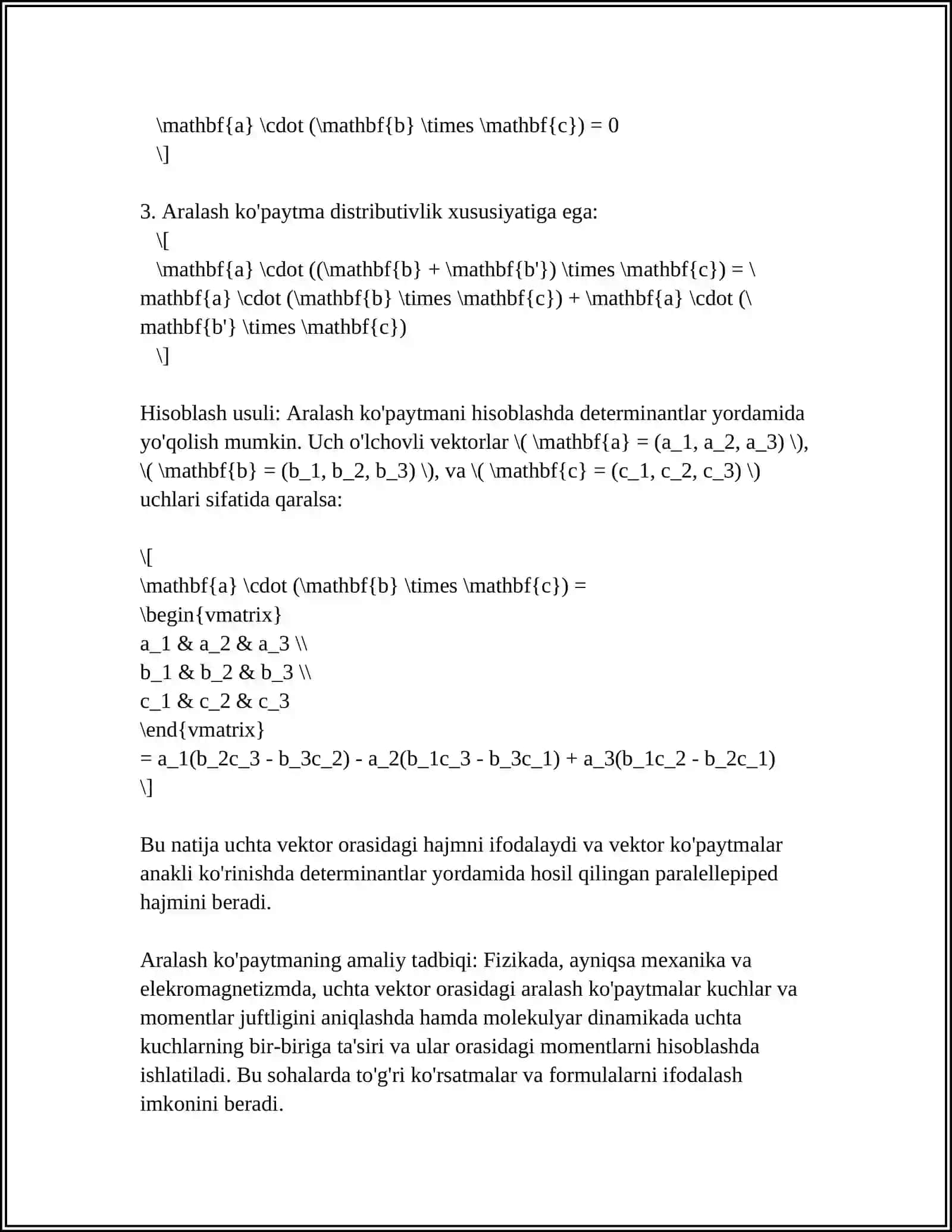 VEKTORLARNING ARALASH KOʻPAYTMASINING XOSSALARINING ISBOTLANISHI 4