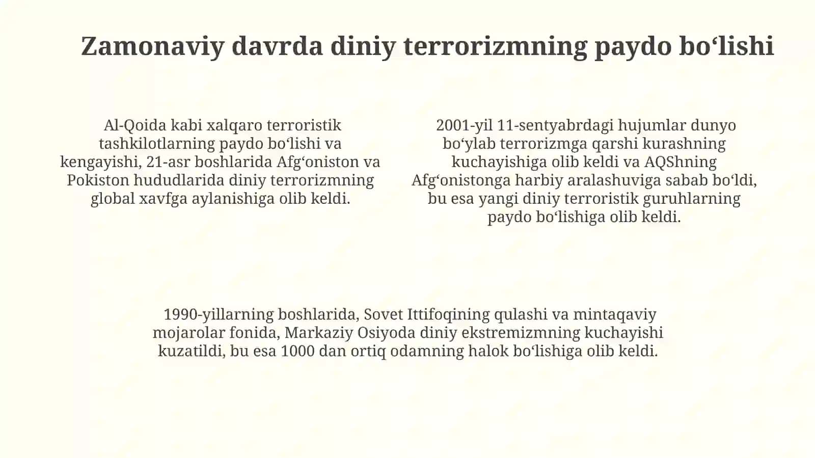Diniy fanatizm, ekstremizm, va terrorizmning tarixi va hozirgi davrda xavfsizlikga tahdidi 4