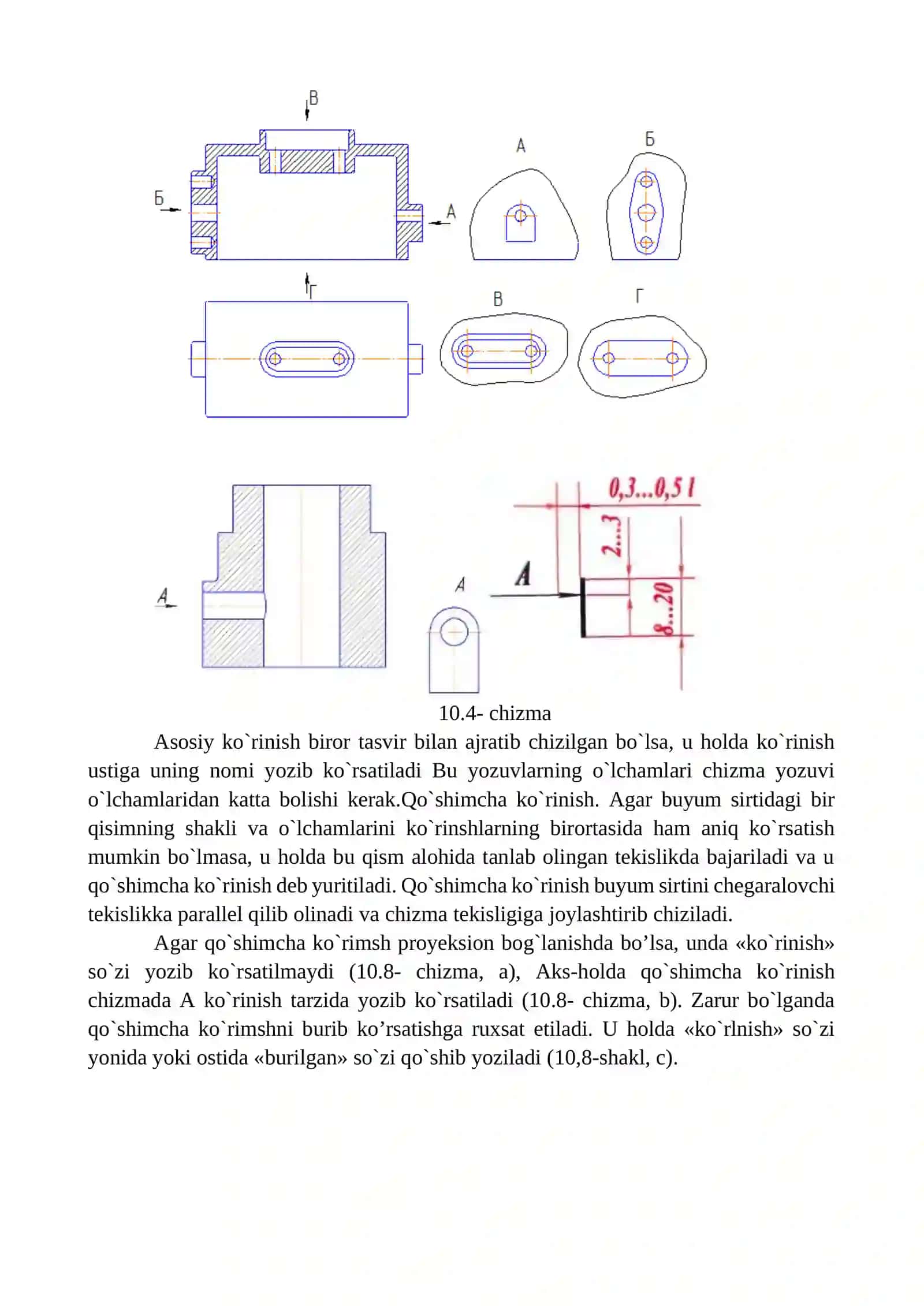Proeksion chizma. O‘zDST 2.305:97 – Ko‘rinishlar. Qo‘shimcha ko‘rinish. O’z DSt – 2.317: 96 -Aksonometrik proeksiyalar. Izometriya va dimetriya. Ko’rinishlarning asosiy sistemalari. Detalning oltita ko’rinishi va ularni joylashishi. Qo’shimcha ko’rinishlar. Mahalliy ko’rinishlar. To’g’ri burchakli aksonometrik proeksiyalar. To’g’ri burchakli izometrik proeksiyalar. To’g’ri burchakli dimetrik proeksiyalar. Izometrik proeksiyalarda o’tish chizig’ini yasash 4