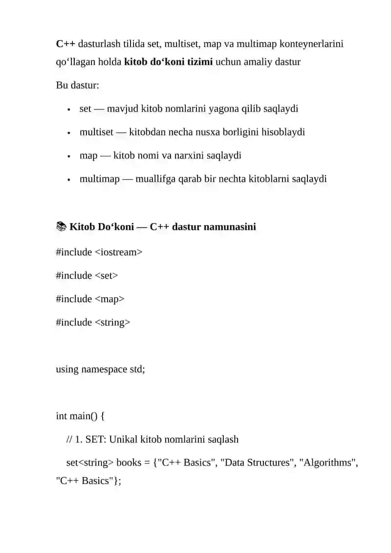 SET, MULTISET, MAP, MULTIMAP KONTEYNERLARINI QO‘LLAGAN HOLDA AMALIY DASTUR ISHLAB CHIQISH 4