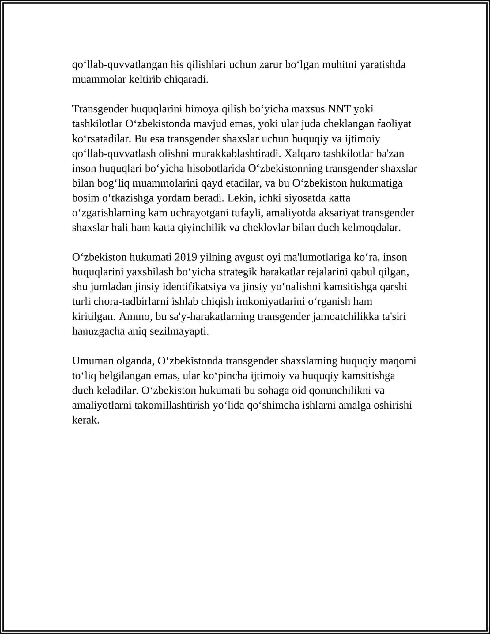 MUSTAQIL ISH Mavzu: TRANSGENDER SHAXSLAR VA O‘ZBEKISTON 4