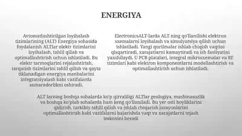 Avtomatlashtirilgan Loyihalash Tizimlarini Mexanika, Energetika, Elektronika, Geologiya, Mashinasozlik Va Boshqa SohalardaQoʻLlash 4