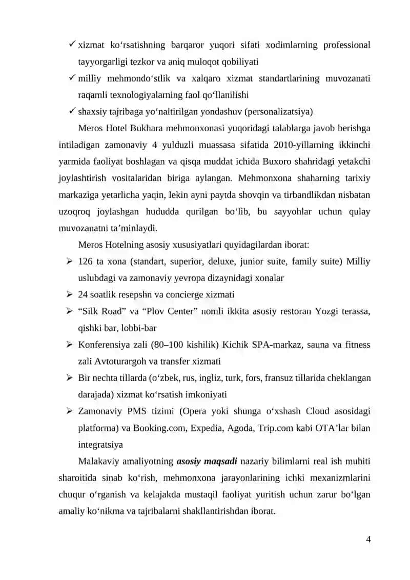 Hotel Muhayyo OK (oilaviy korxona) (Meros Hotel Bukhara). Mehmonxona tarmog'i bitiruv amaliyot hisoboti 4