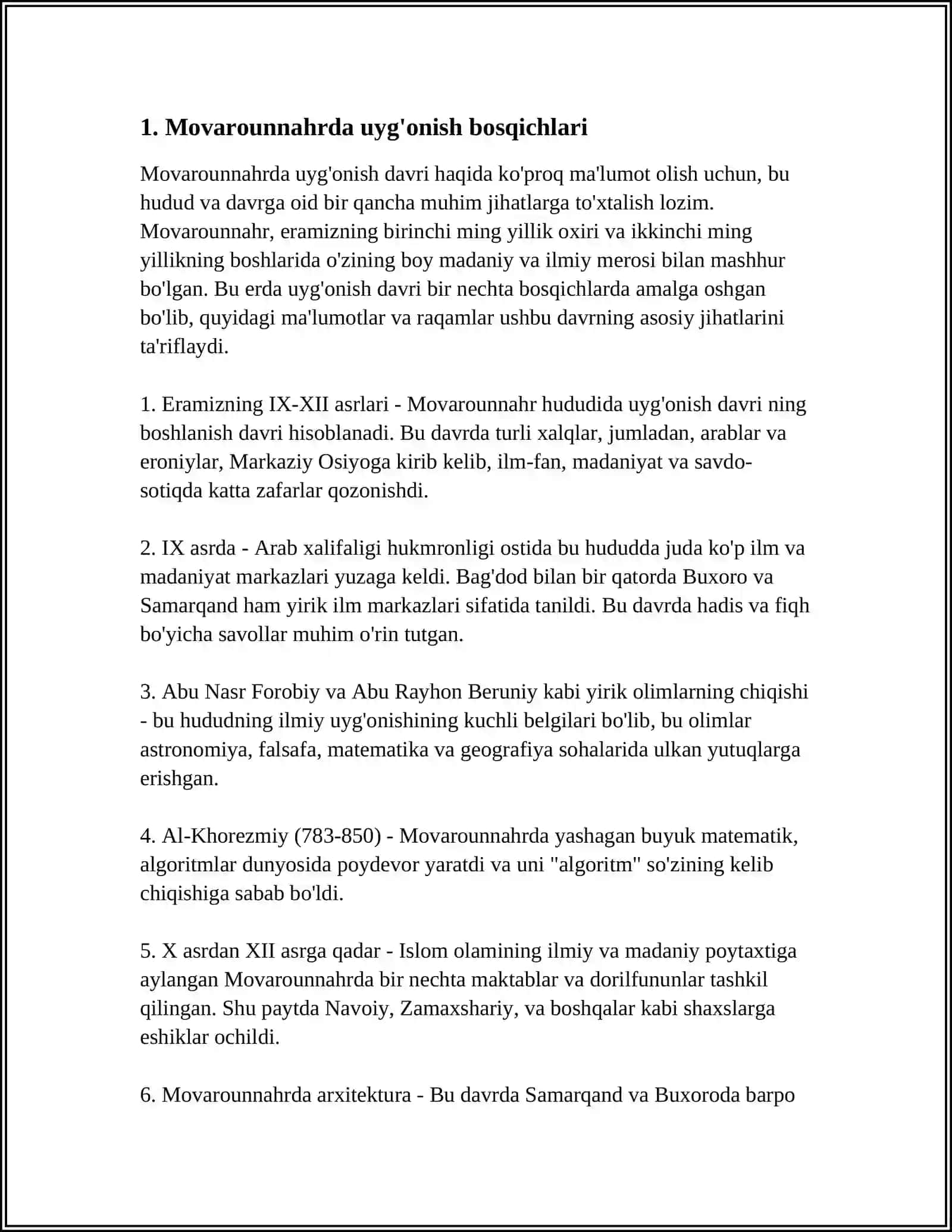 IX-XII Arslarda Mamlakatimiz Hududida Roʻy Bergan Uygʻonish.Renasans. Buyuk Allomalar Hissasi 4