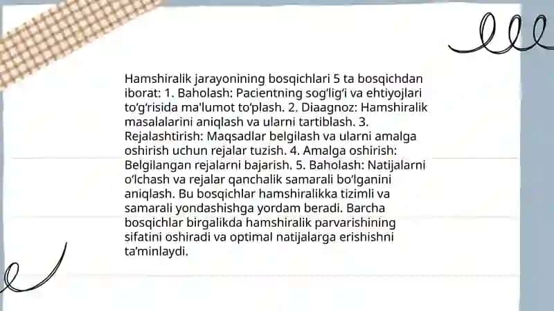 Hamshiralik jarayoniga kirish.Uning o'tkazish usullari. 4