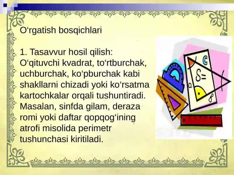 Boshlangʻich sinflarda perimetr va yuza (sigʻim,hajim) tushunchalarini oʻrgatish metodikasi 4