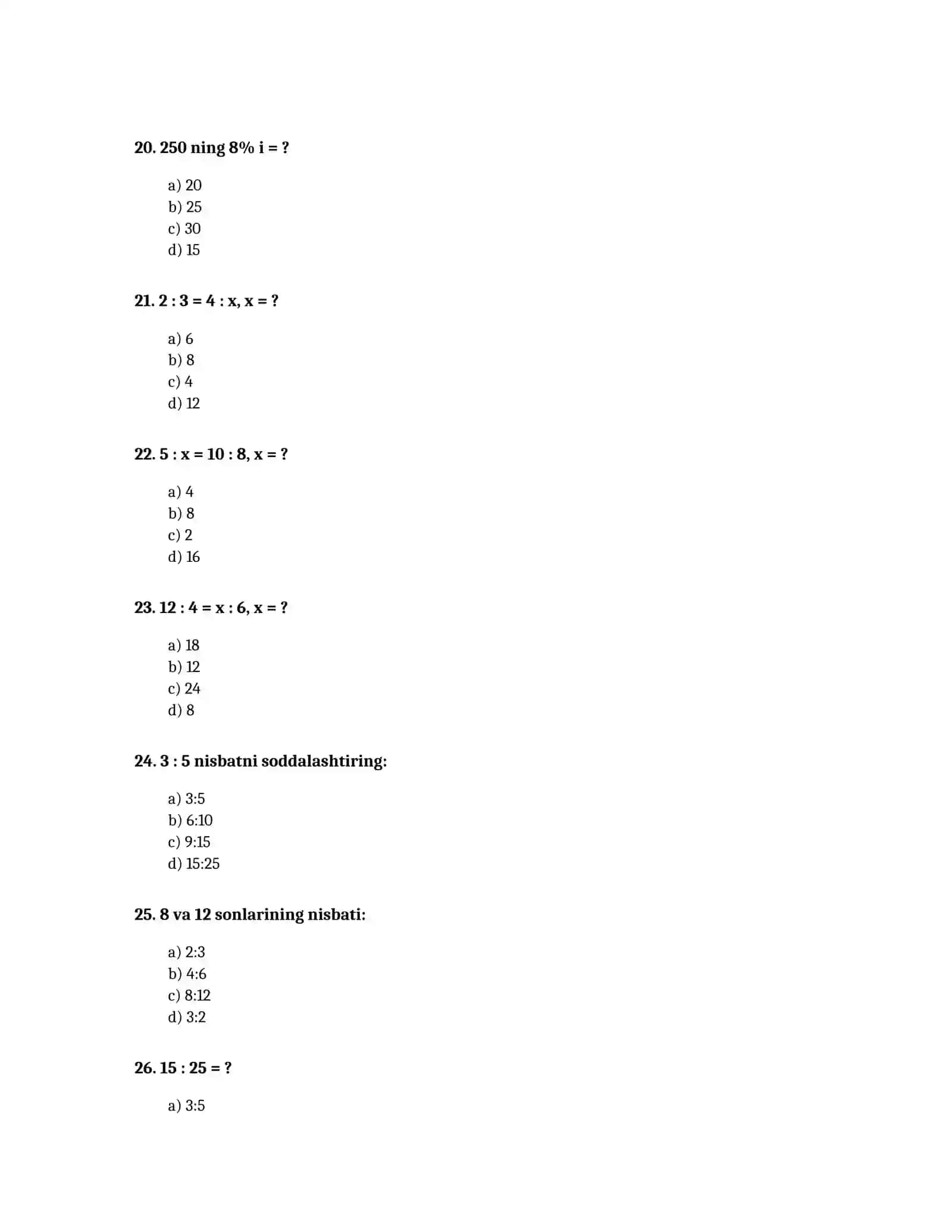 6-SINF MATEMATIKA FANI BO'YICHA TEST SAVOLLARI 4