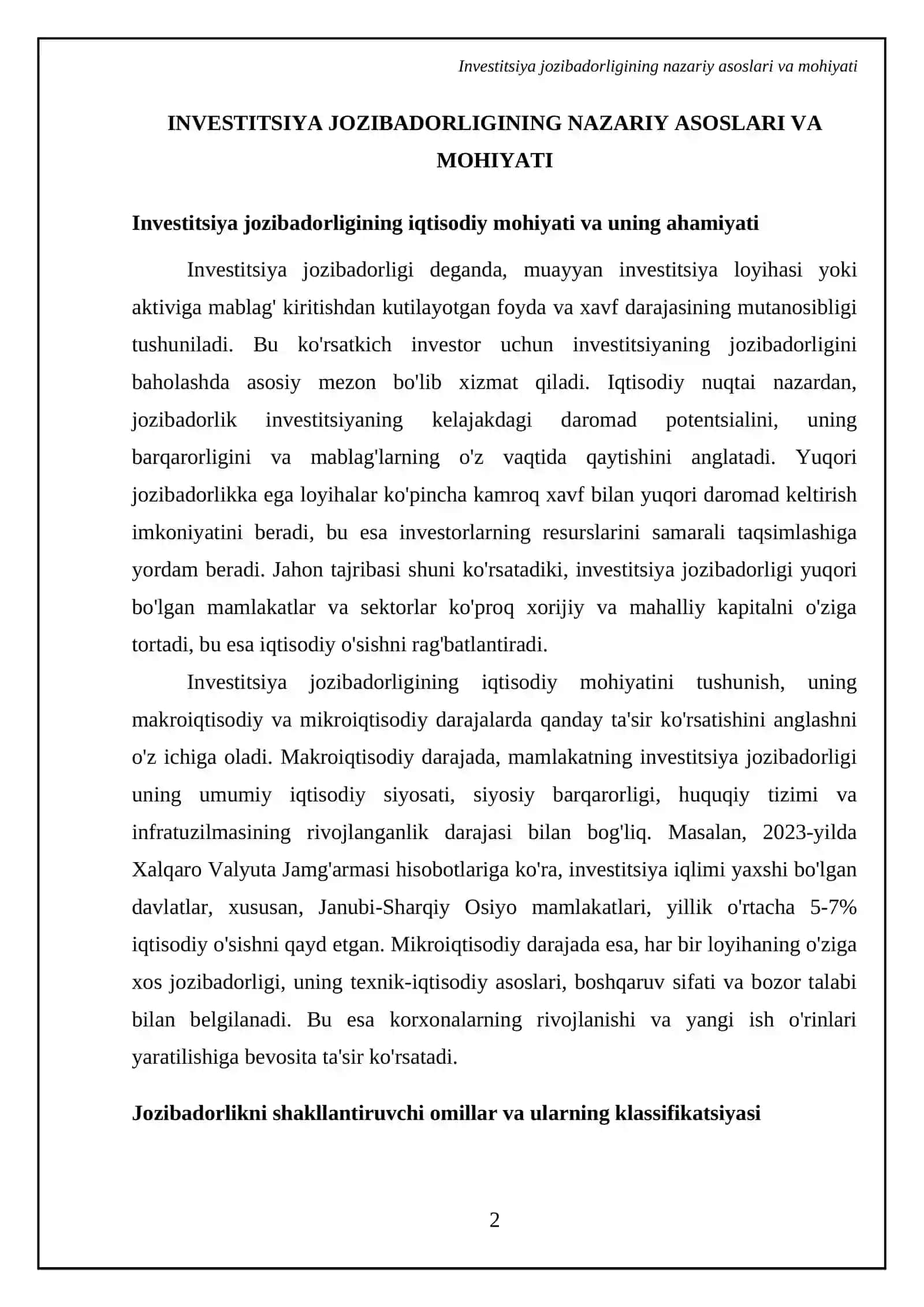 Investitsiya jozibadorligining nazariy asoslari va mohiyati 4