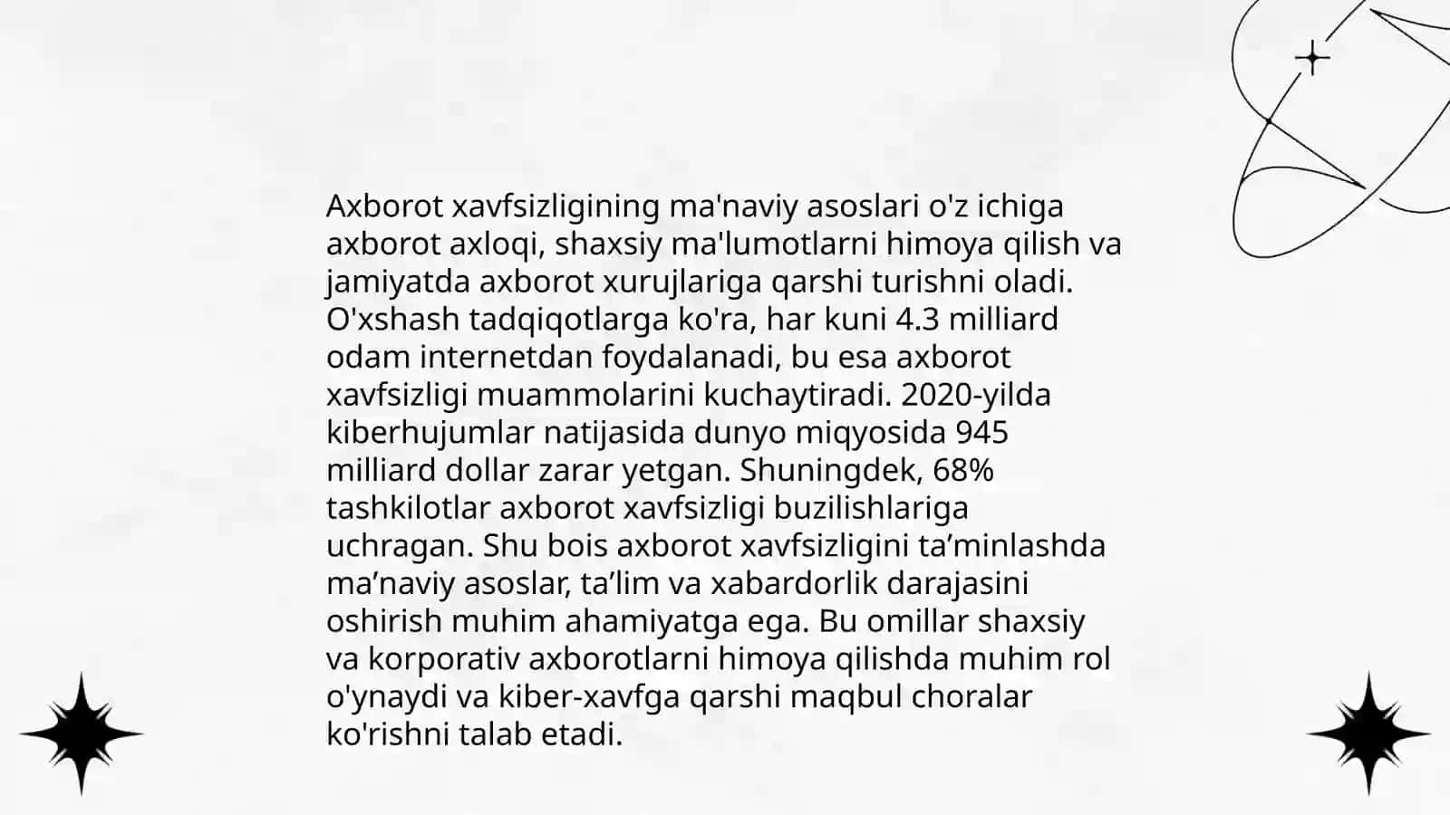 Oʻzbekistonda axborot xavfsizligining maʼnaviy va huquqiy asoslari, ularning huquqiy hujjatlardagi ifodasi 4