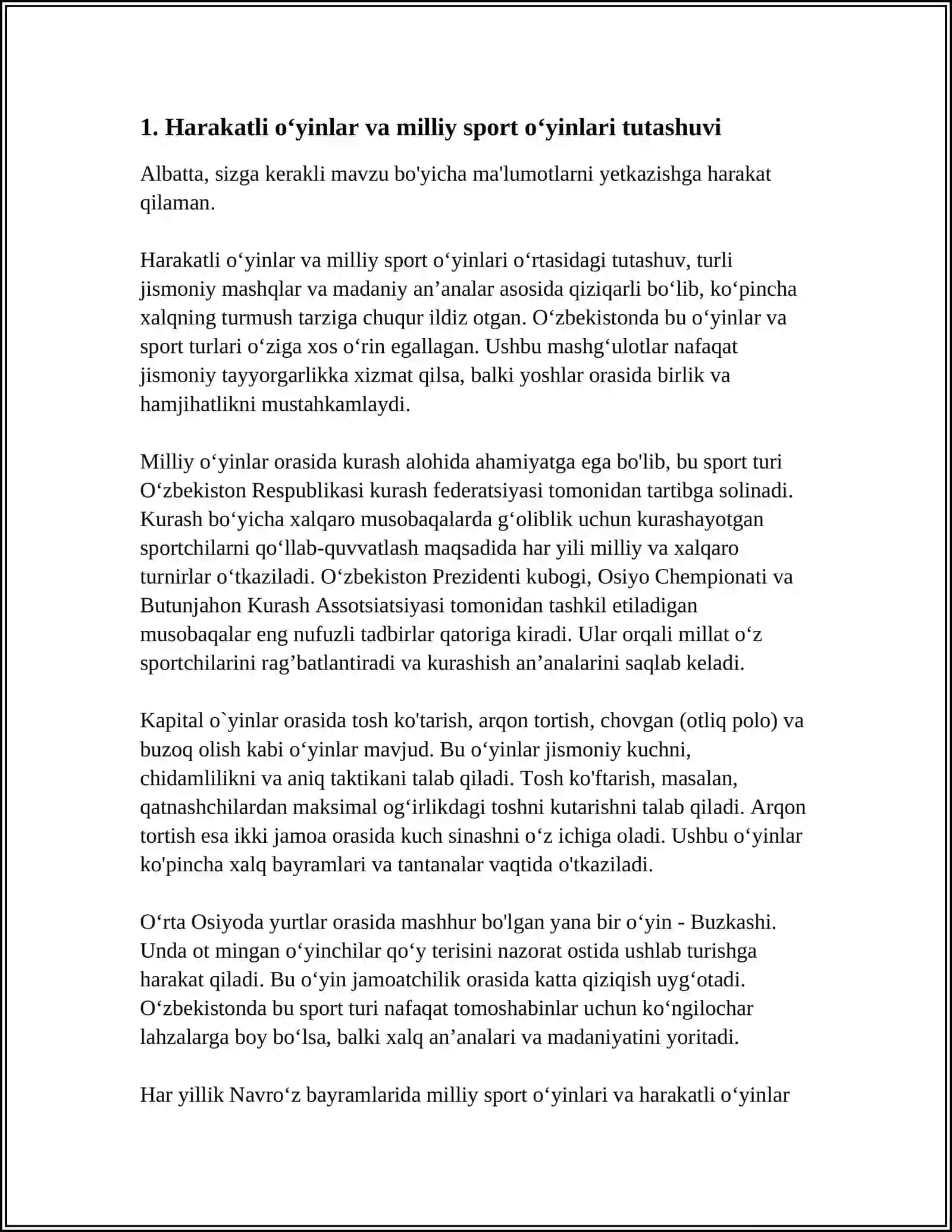 HARAKATLI VA MILLIY HARAKATLI O`YINLARNI VEN DIAGRAMMASI ORQALI YORIIB BER. KONSEPTUAL JADVAL QILIB BER MAKTABGACHA YOSHDAGI BOLALARGA SPORT O`YINLARINI O`RGATISH. BASKETBOL SPORTI ELEMENTLARI BO`LGAN HARAKATLI O`YINLAR. VOLEBOL SPORTI ELEMENTLARI BO`LGAN HARAKATLI O`YINLAR. FUDBOL SPORTI BO`LGAN HARAKATLI O`YINLAR. STOL TENNISI SPORT ELEMENTLARI BO`LGAN HARAKAYLI O`YINLAR 4