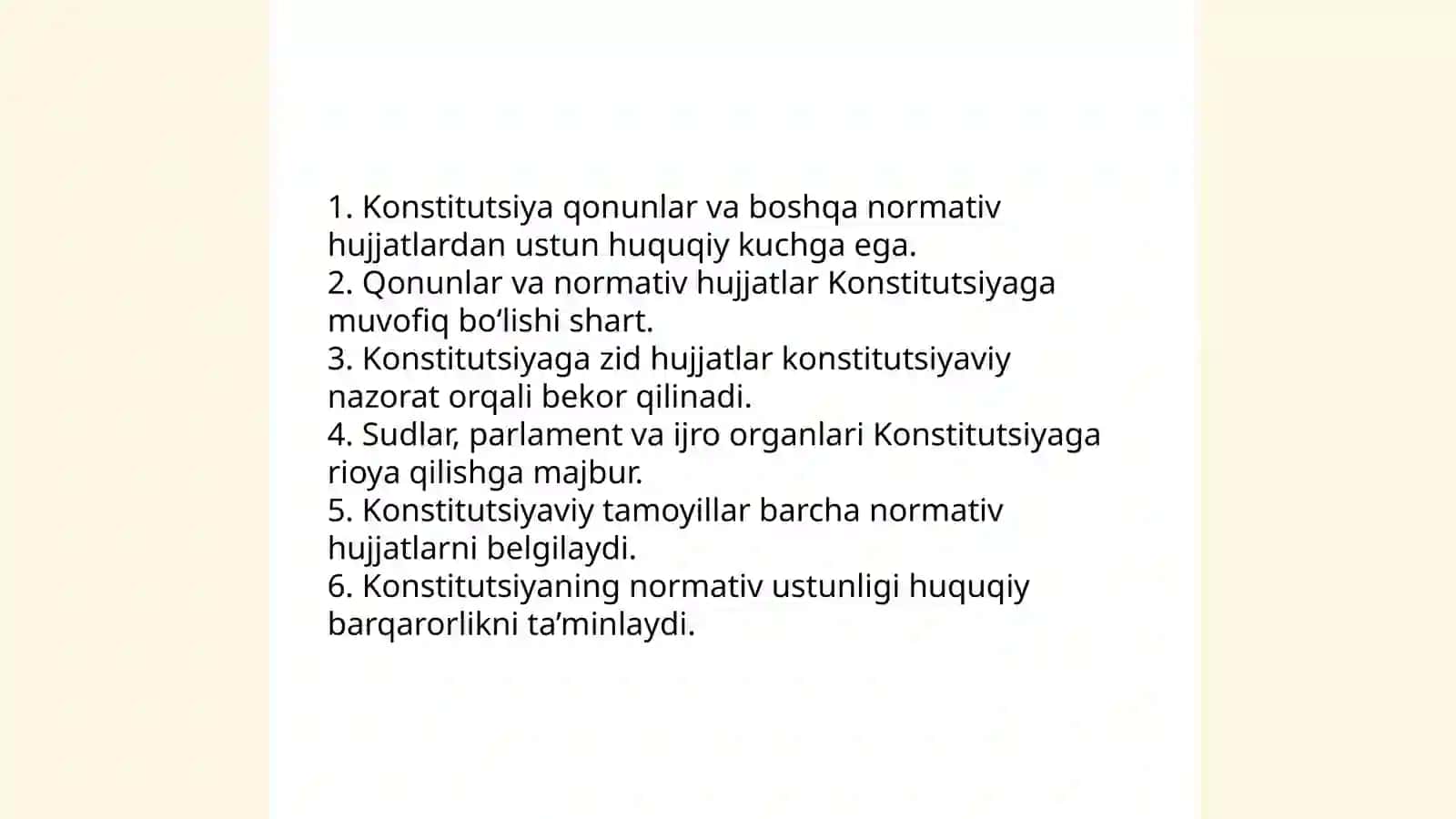 Konstitutsiyaning oliy yuridik kuchga ega hujjat sifatidagi ahamiyati 4