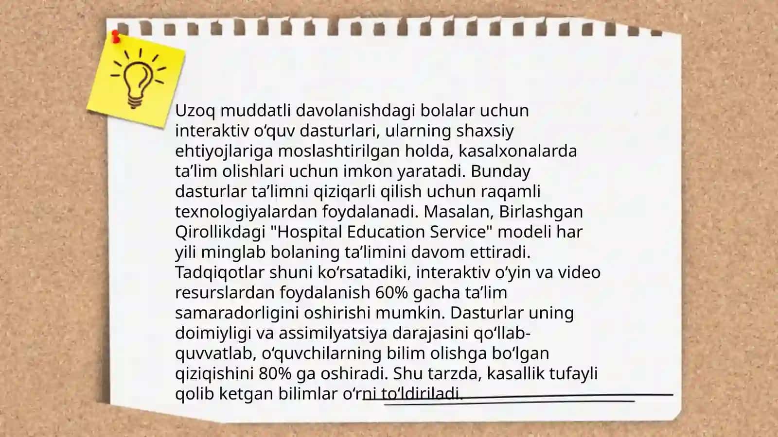 Tibbiyot muassasalari stoptionallarida uzoq muddatli davolanayotgan bolalar uchun talim muhitini yaratish 4