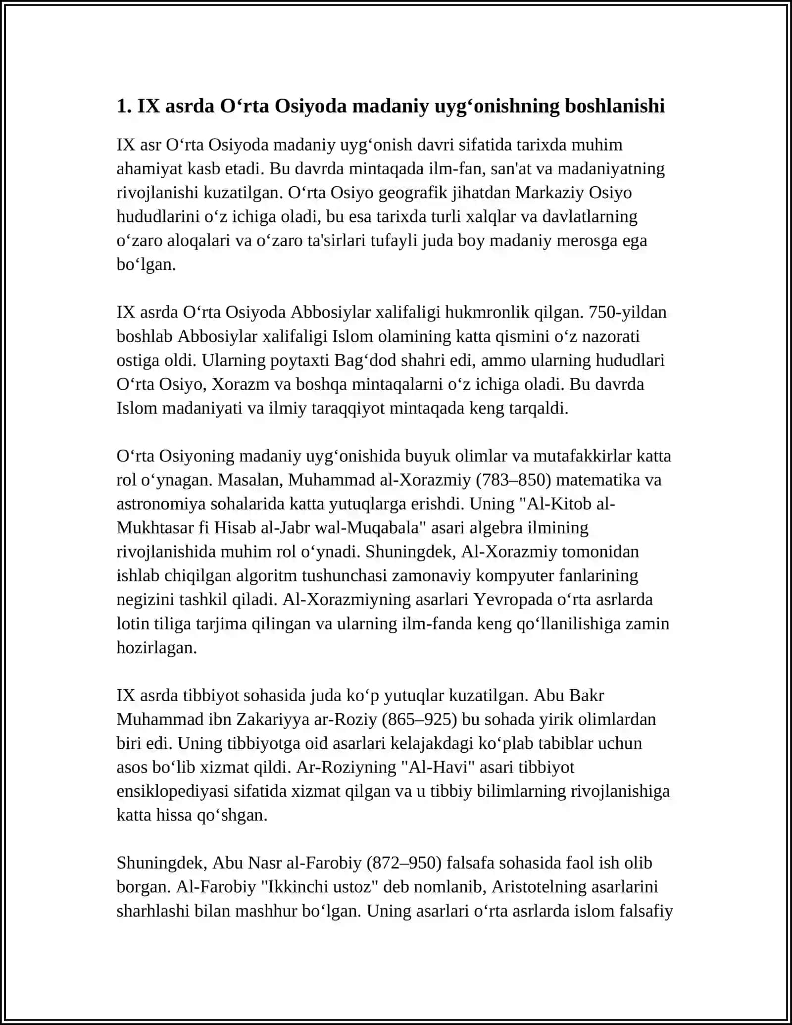 IX-XII ASRLARDA MAMLAKATIMIZ HUDUDIDA RO‘Y BERGAN MADANIY UYG‘ONISH (RENESSANS). BUYUK ALLOMALARNING JAHON SIVILIZATSIYASIGA QO‘SHGAN HISSASI 4