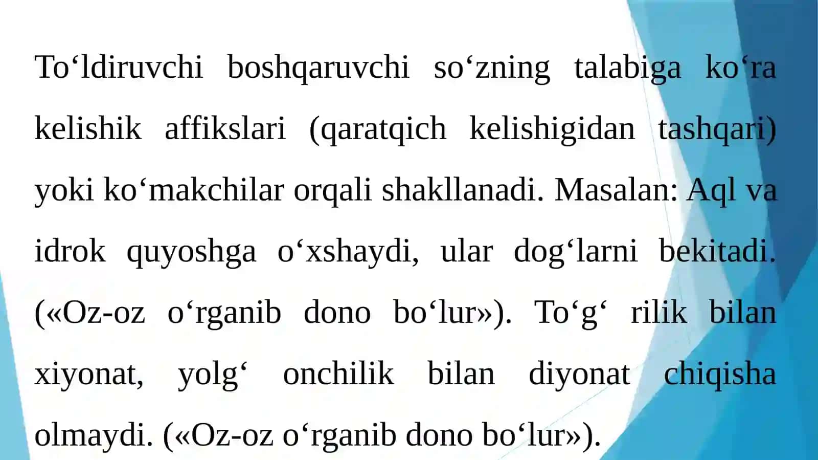 Ikkinchi darajali bo‘laklar. To‘ldiruvchining ifodalanishi va tasnifi. Aniqlovchi ta’rifi va tasnifi. Holning ta’rifi va tasnifi 4