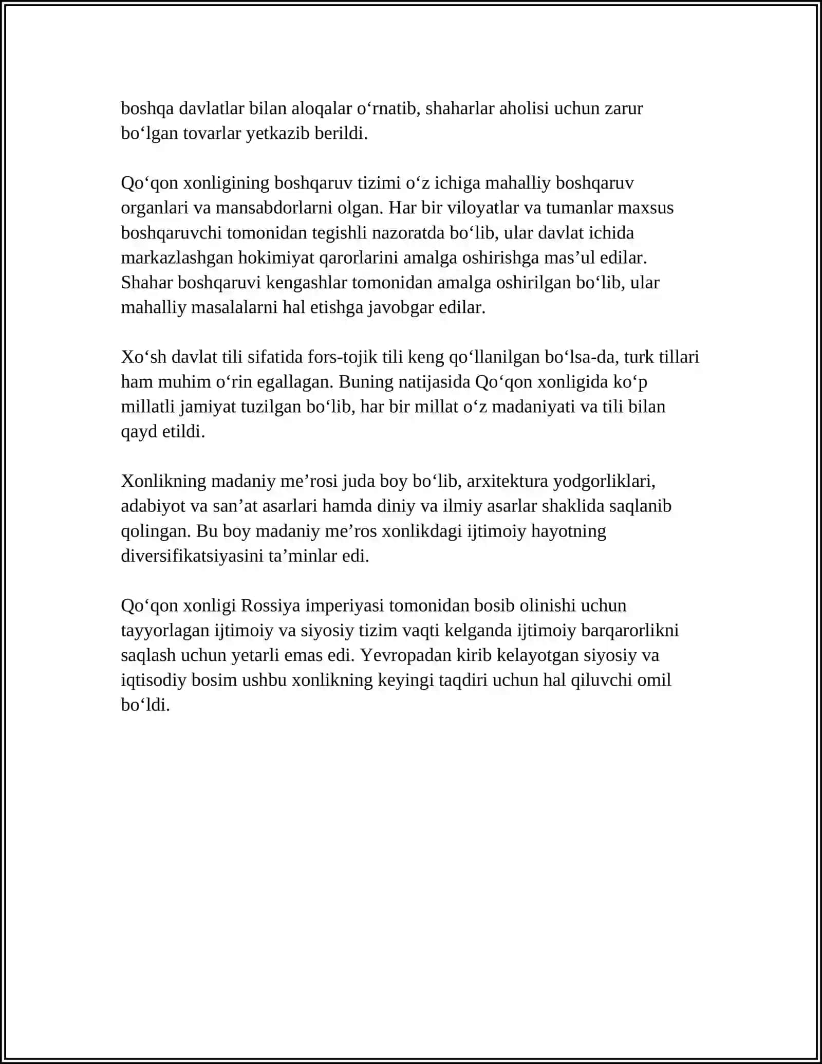 O‘RTA OSIYO XONLIKLARINI CHOR ROSSIYASI TOMONIDAN BOSIB OLINISHIGA BAG‘ISHLANGAN KO‘RGAZMALARNI YOZIB CHIQISH ( QO‘QON XONLIGI) 4