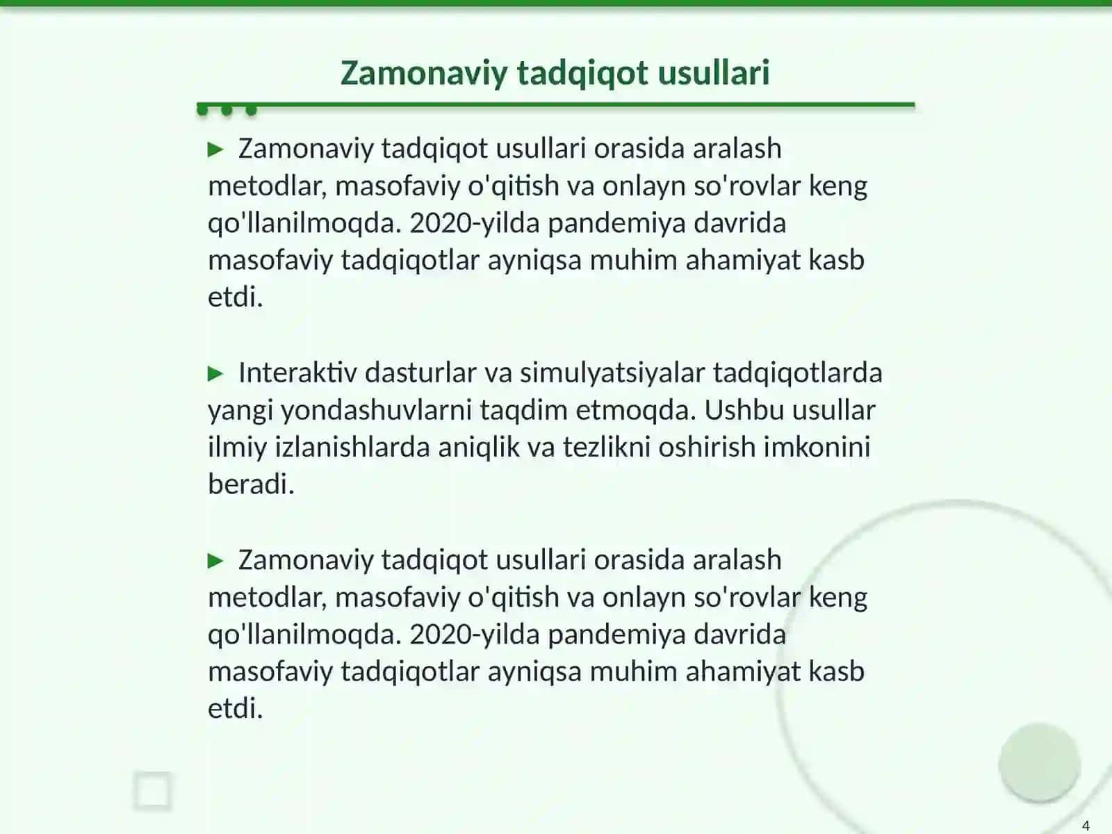 Tadqiqotlarning zamonaviy usullari 4