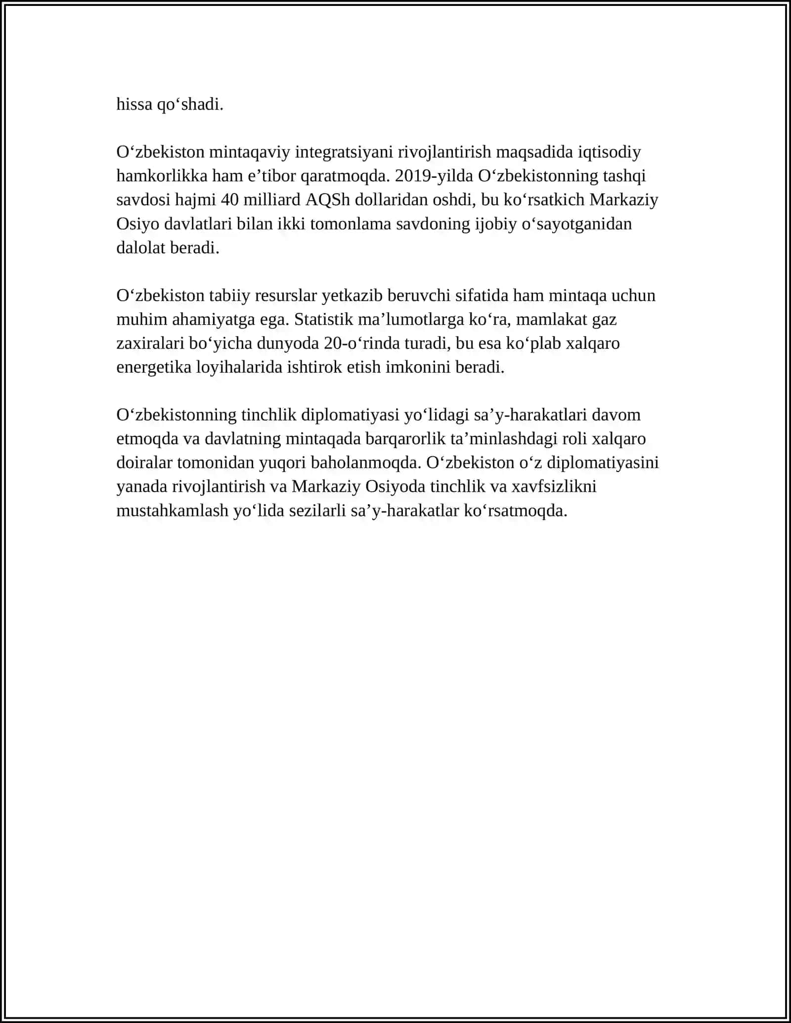 O'ZBEKISTONNING MARKAZIY OSIYODA TINCHLIK VA BARQARORLIKNI TA'MINLASHDAGI O'RNI 4