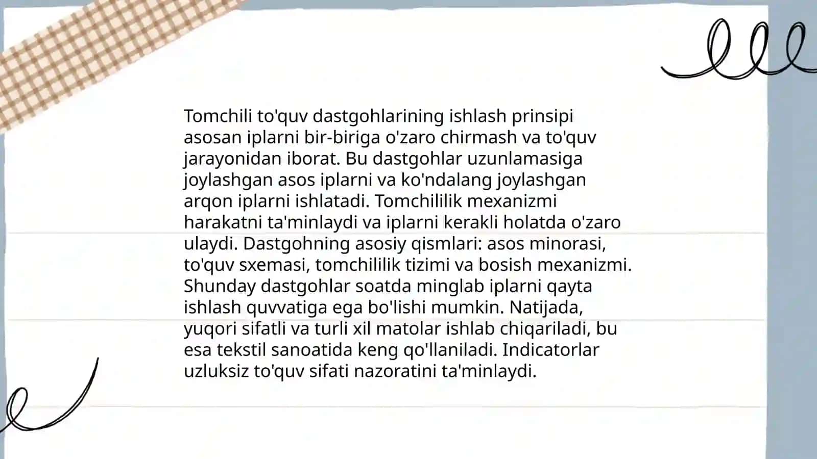 Zamonaviy tomchili to'quv dastgohi bo'yicha ma'lumotlar 4