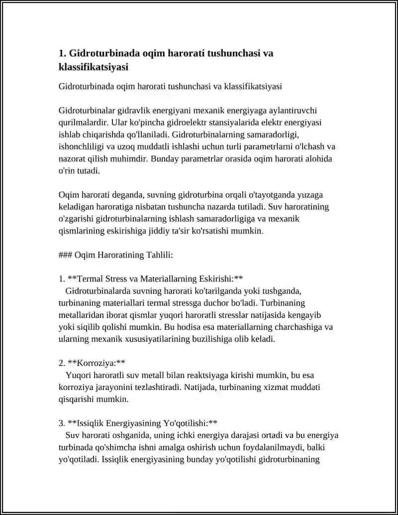 GIDROTURBINALARDA OQIM HARORATI, UNING ASOSIY TENGLAMASI VA GIDROTURBINALARNI MODELLASHTERISH 4