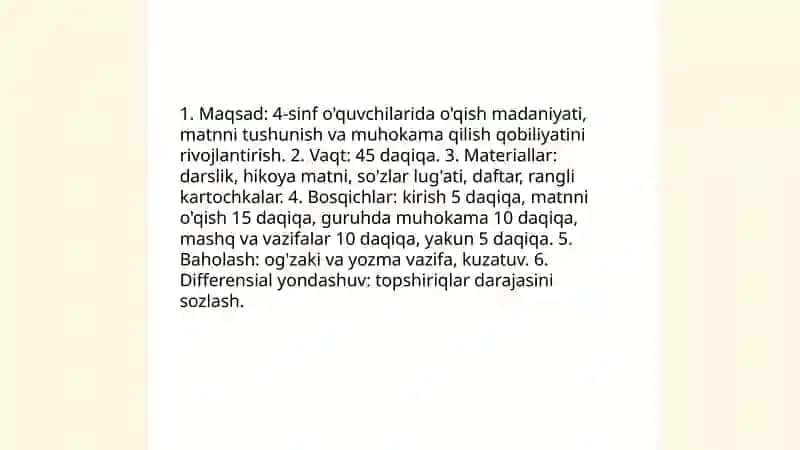 Sinfdan tashqari o'qish darsi namunasini ishlab chiqish (4-sinf) 4