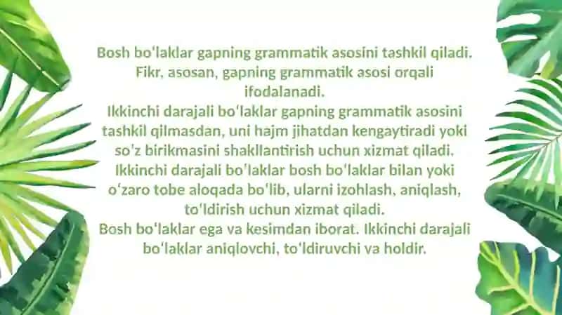 Gap bo'laklari haqida umumiy ma'lumot. Ega va kesim (bosh bo'laklar) ikki sostavli gaplar 4