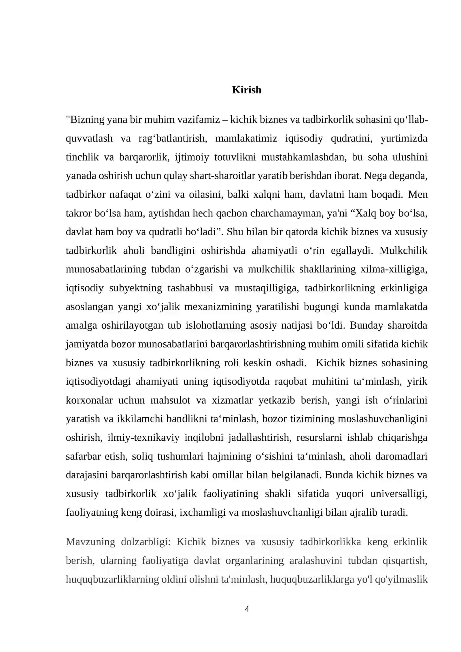 O’zbekiston Respublikasida kichik biznesni rivojlantirishning asosiy yo’nalishlari 4