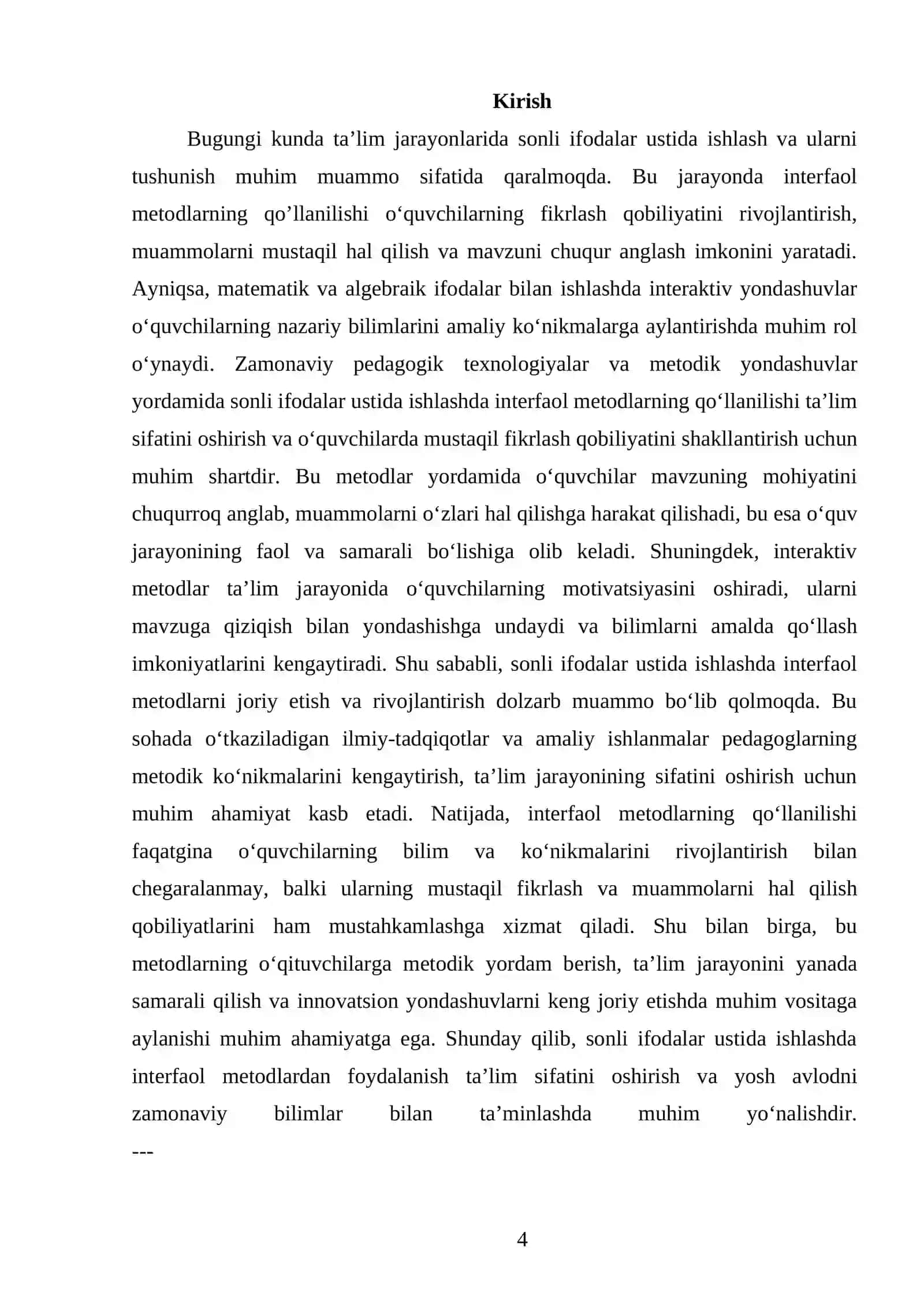 MATEMATIKA VA UNI OʻQITISH METODIKASI FANIDAN TAYYORLAGAN 4