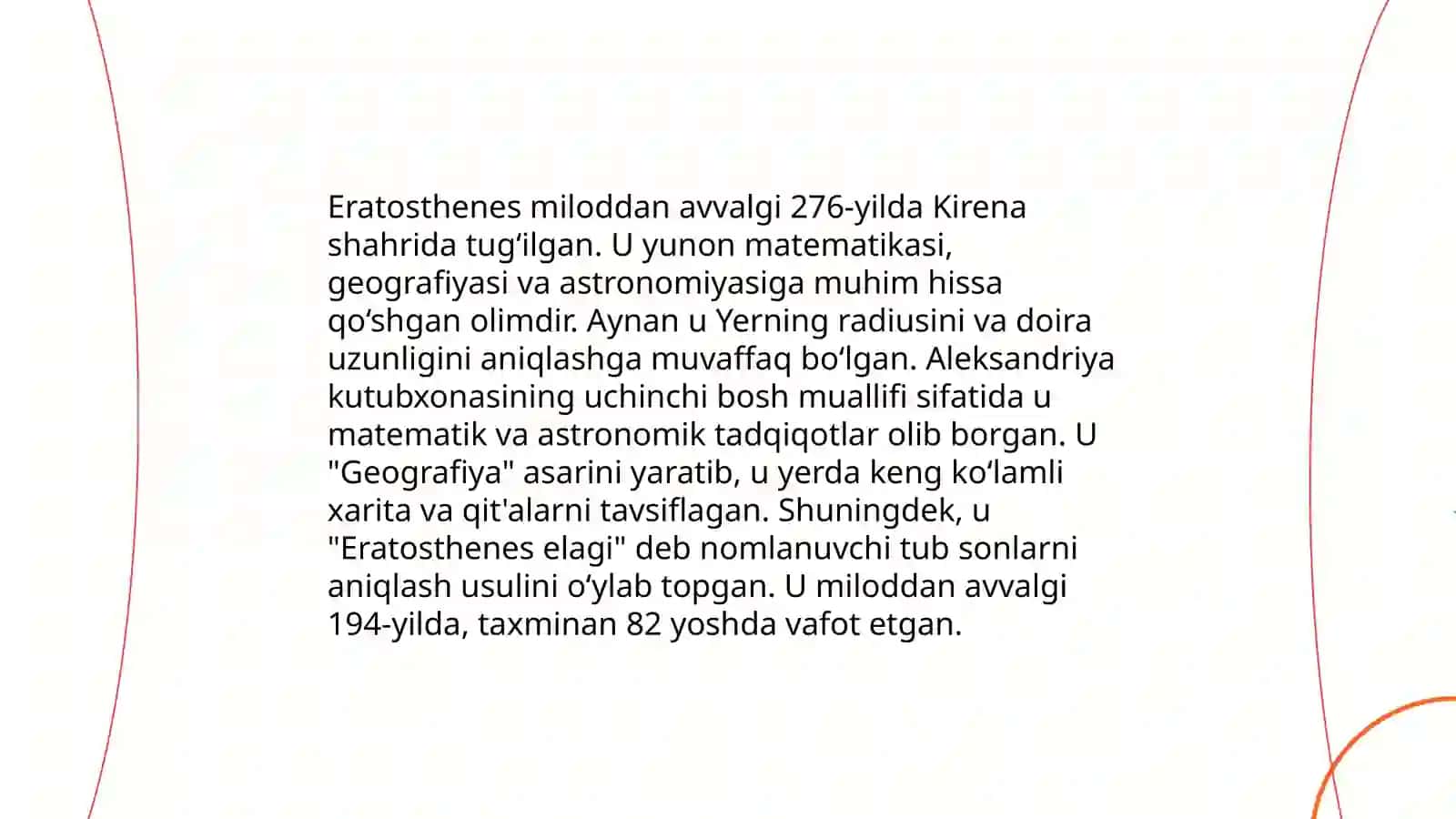 Yevklid va Eratosfen hayoti va ijodi haqida ma'lumot 4