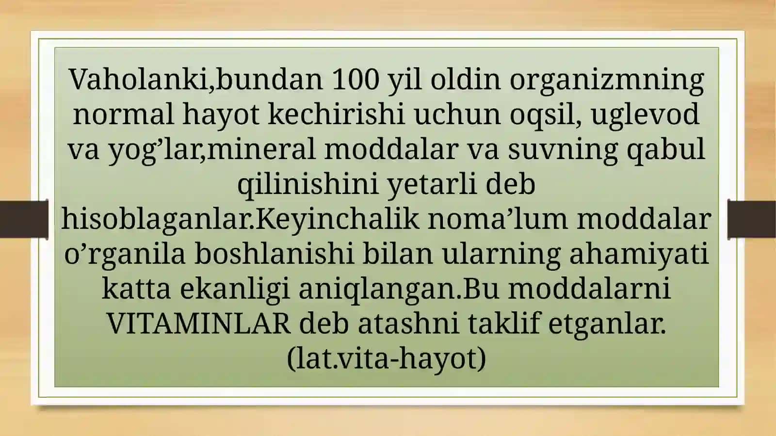Bolalarda avitaminoz va minerallar yetishmovchiligi.Bunday holatda bolalarda kuzatiladigan stomatologik o’zgarishlar(yuz-jag’ strukturasi va  tishlarga ko’rsatiladigan salbiy ta’sirlar) va ularda parvarishlash. 4