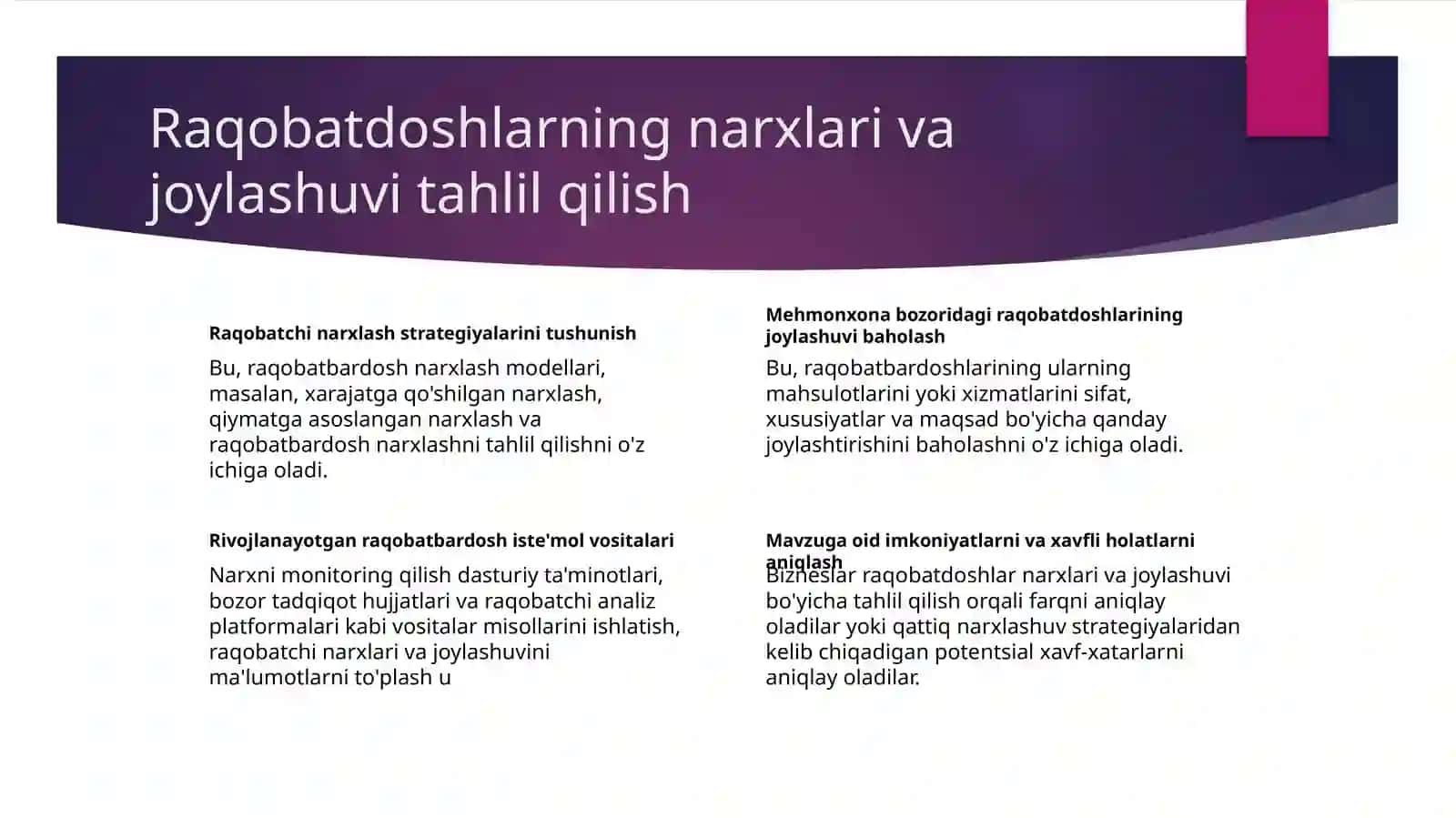 Mehmonxona biznesida narxlashtirish siyosatini amalga oshirish 4