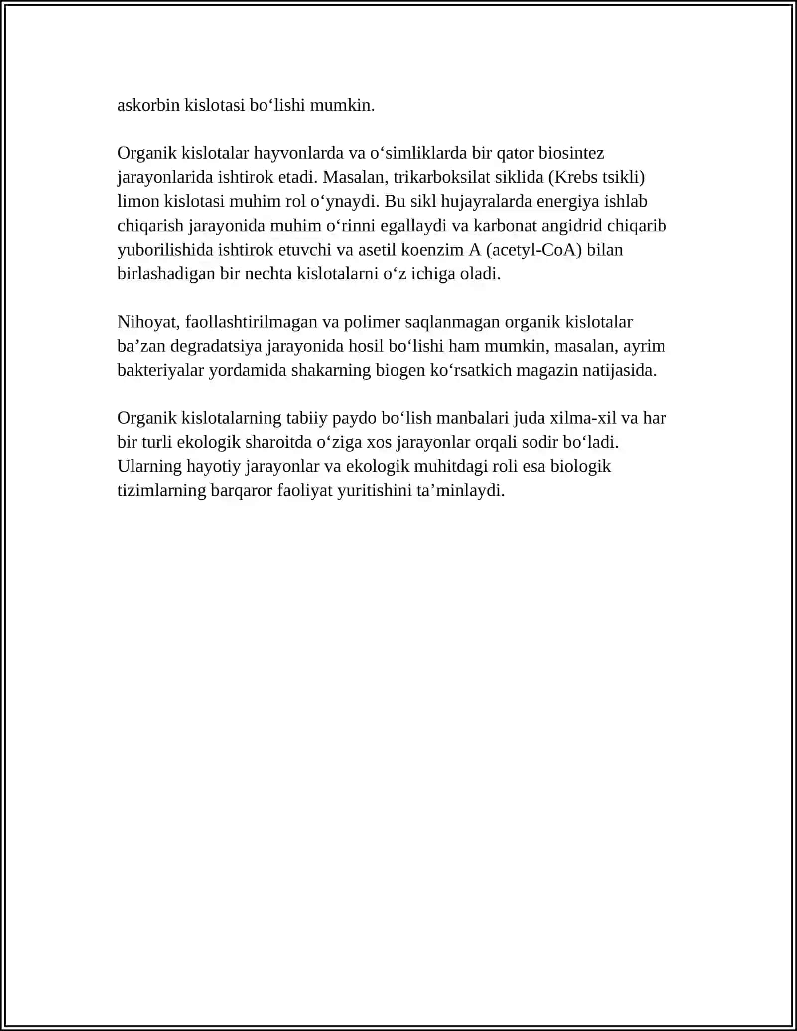 O‘SIMLIKLARDAGI ORGANIK KISLOTALAR VA ULARNING AHAMIYATI 4