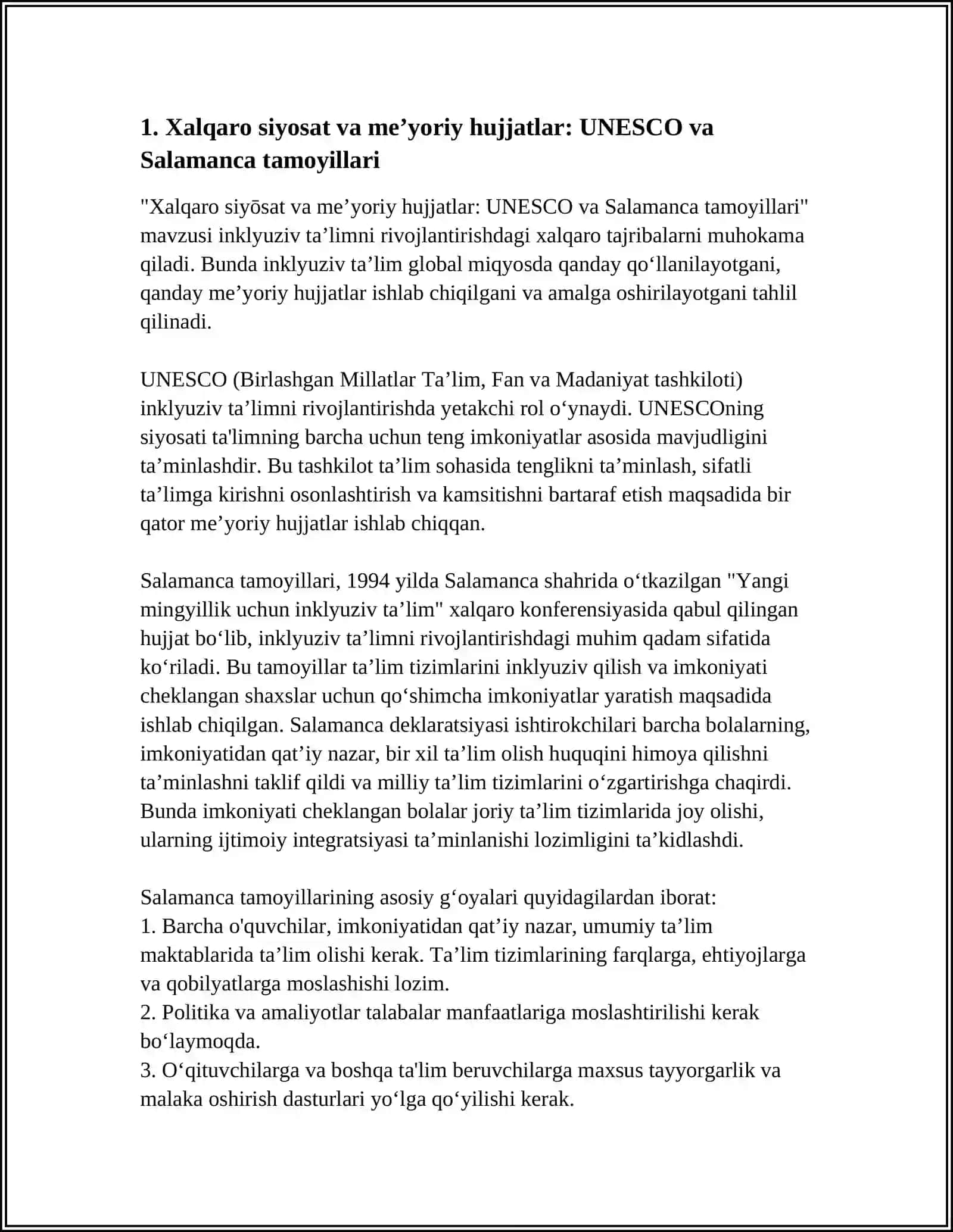 Xalqaro siyōsat va meʼyoriy hujjatlar: UNESCO va Salamanca tamoyillari 4