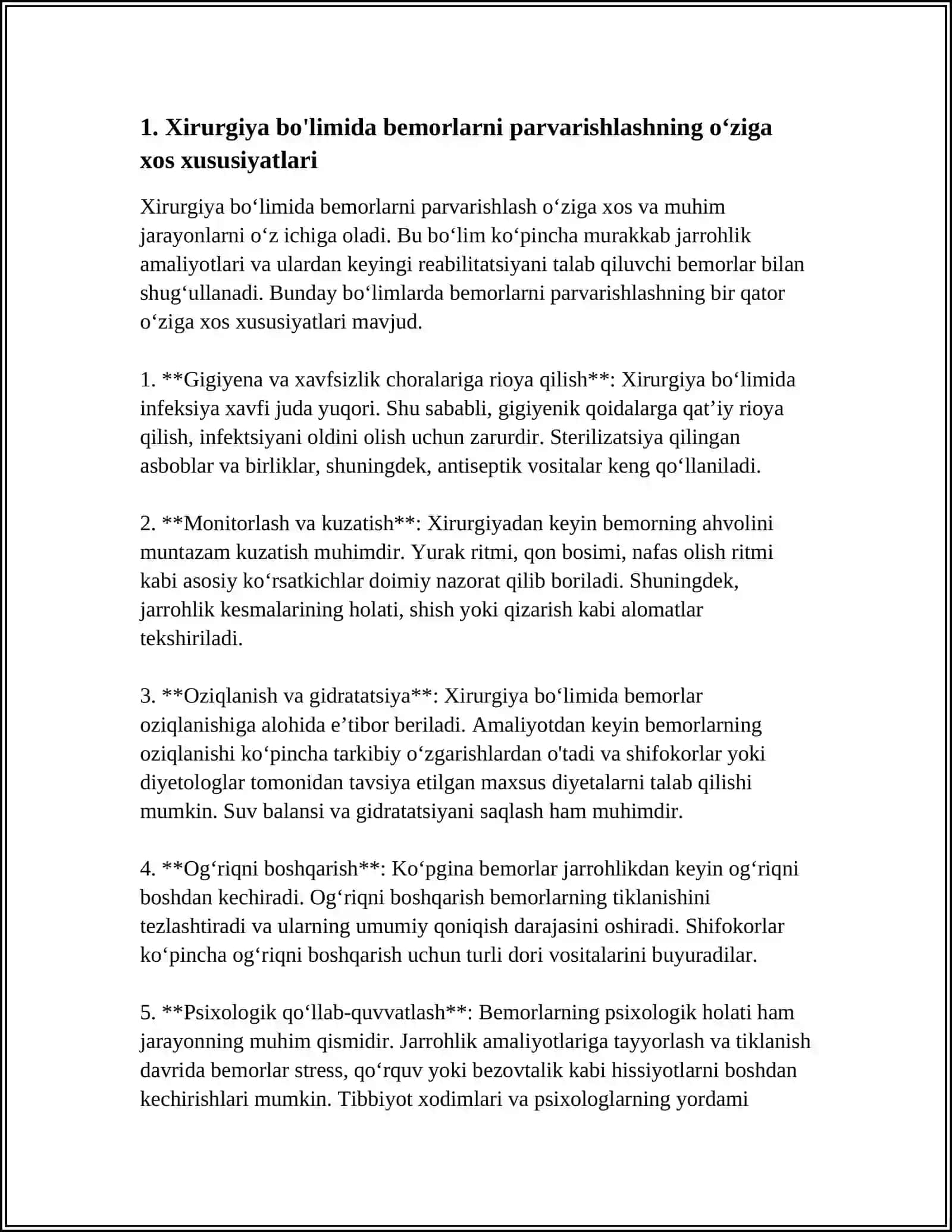 XIRURGIYA BOʻLIMIDA BEMORLARNI DAVOLASHNING OʻZIGA XOS XUSUSIYATLARI.XIRURGIYA BOʻLIMINING BOSHQA BOʻLIMLARDAN FARQI.YOTOQ YARALARNI OLDINI OLISHDA QOʻLLANILADIGAN ZAMONAVIY VOSITALAR 4